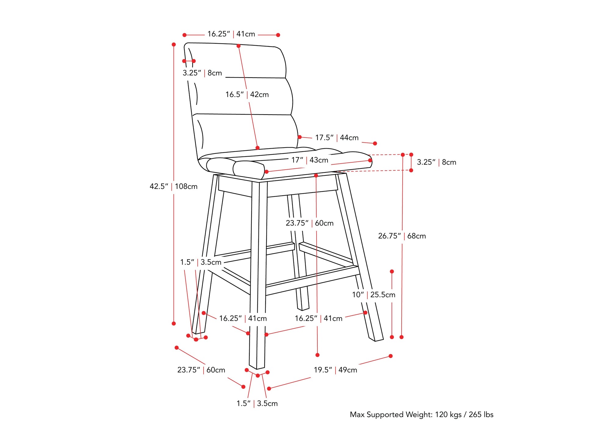 Dark grey channel tufted bar stool with wooden legs and a sleek, modern design.