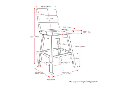 Dark grey channel tufted bar stool with wooden legs and a sleek, modern design.