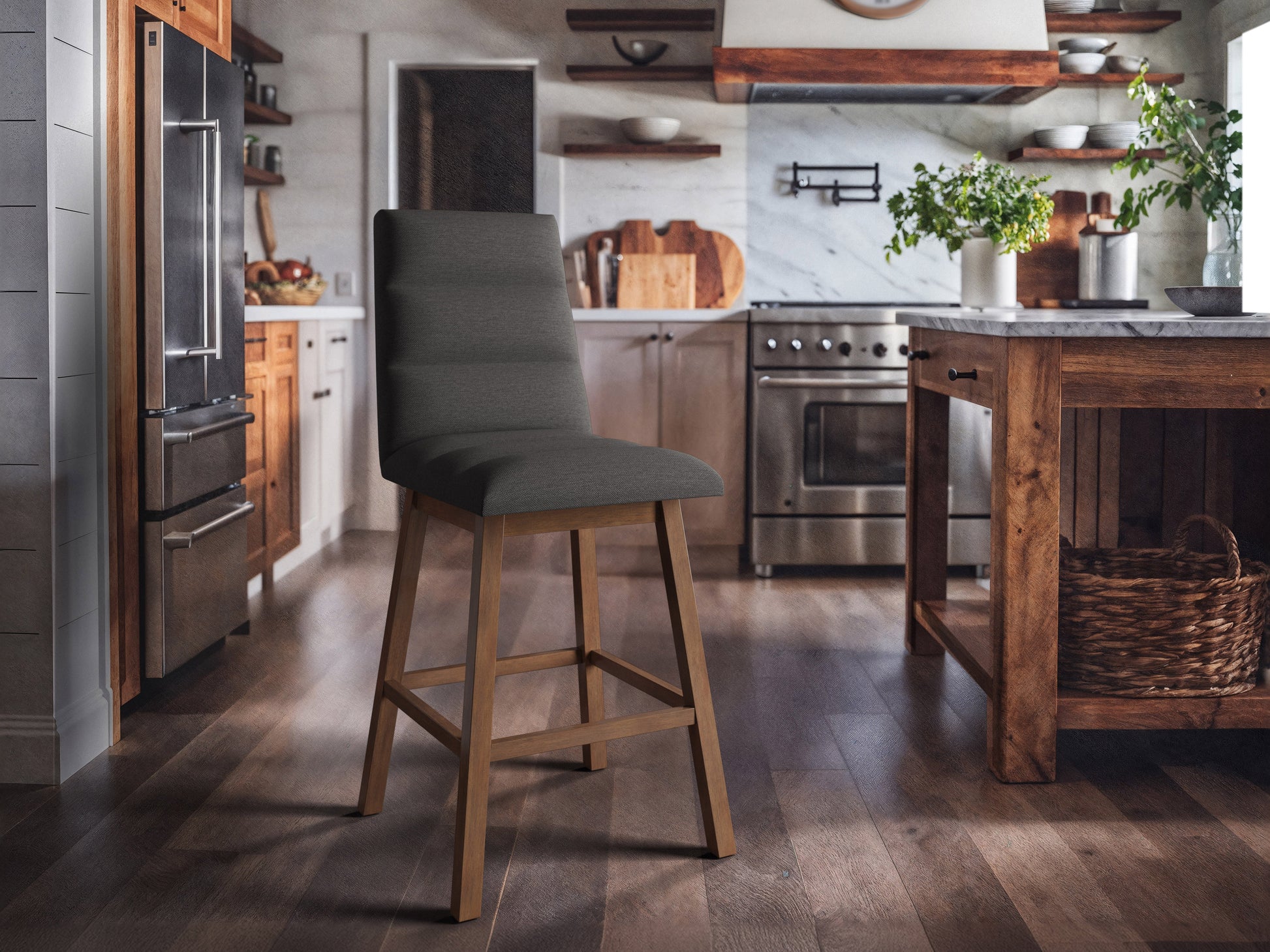 Dark grey channel tufted bar stool with sleek black metal legs and plush fabric upholstery.