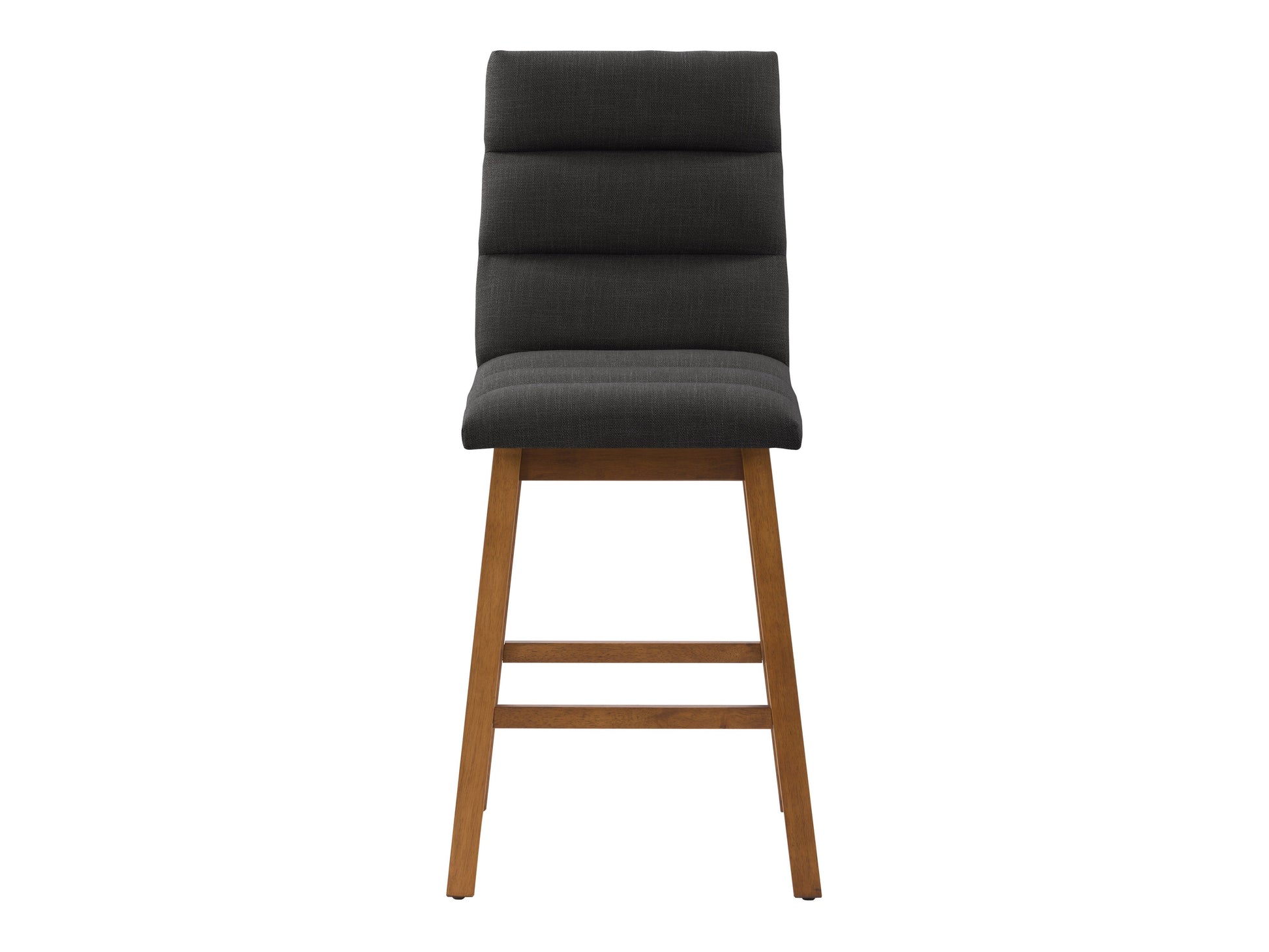 Dark grey channel tufted bar stool with wooden legs and modern design.