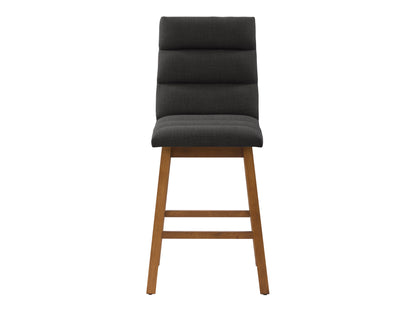 Dark grey channel tufted bar stool with wooden legs and modern design.