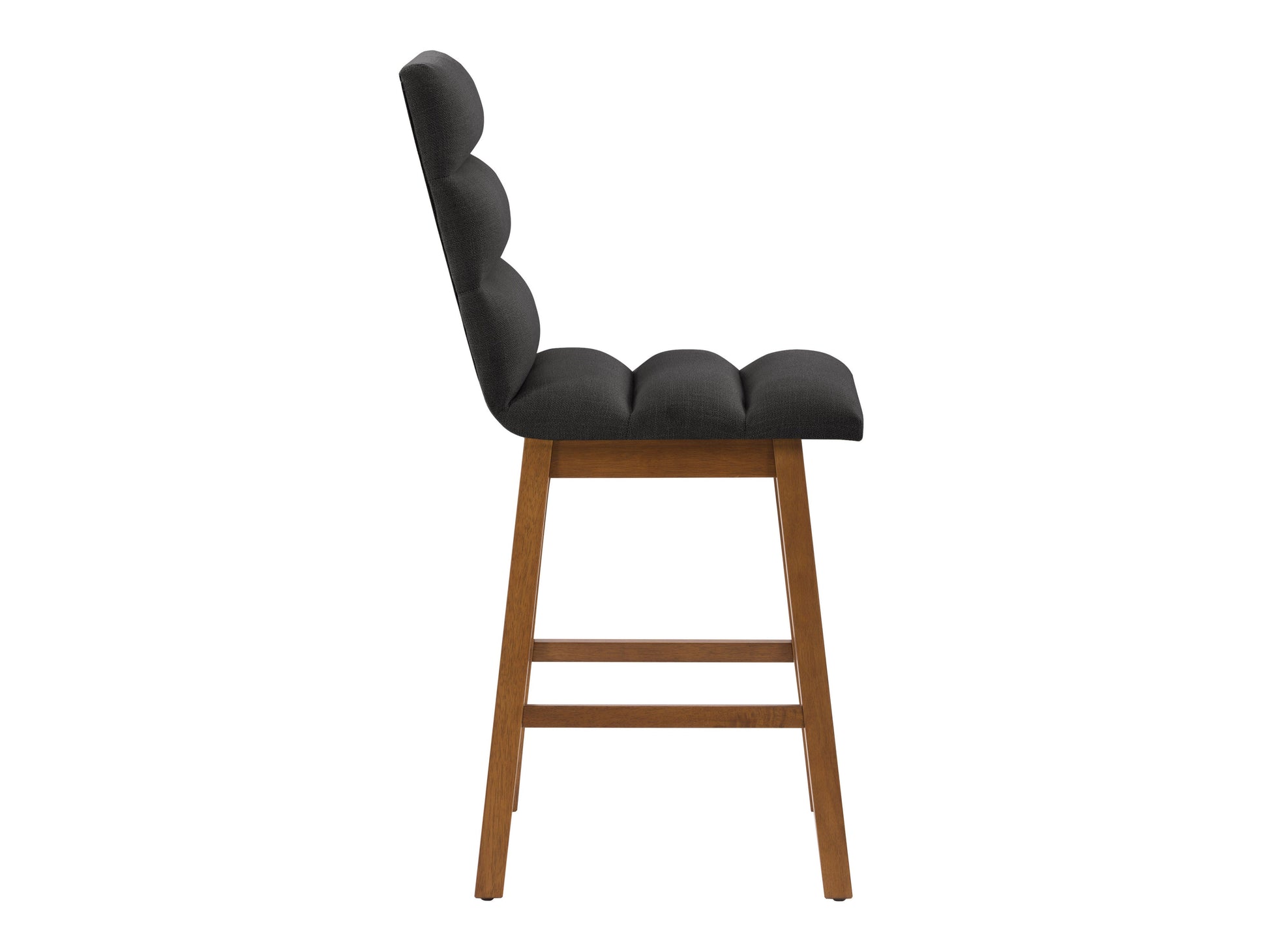 Dark grey channel tufted bar stool with black metal legs and padded seat, perfect for modern kitchen or home bar.