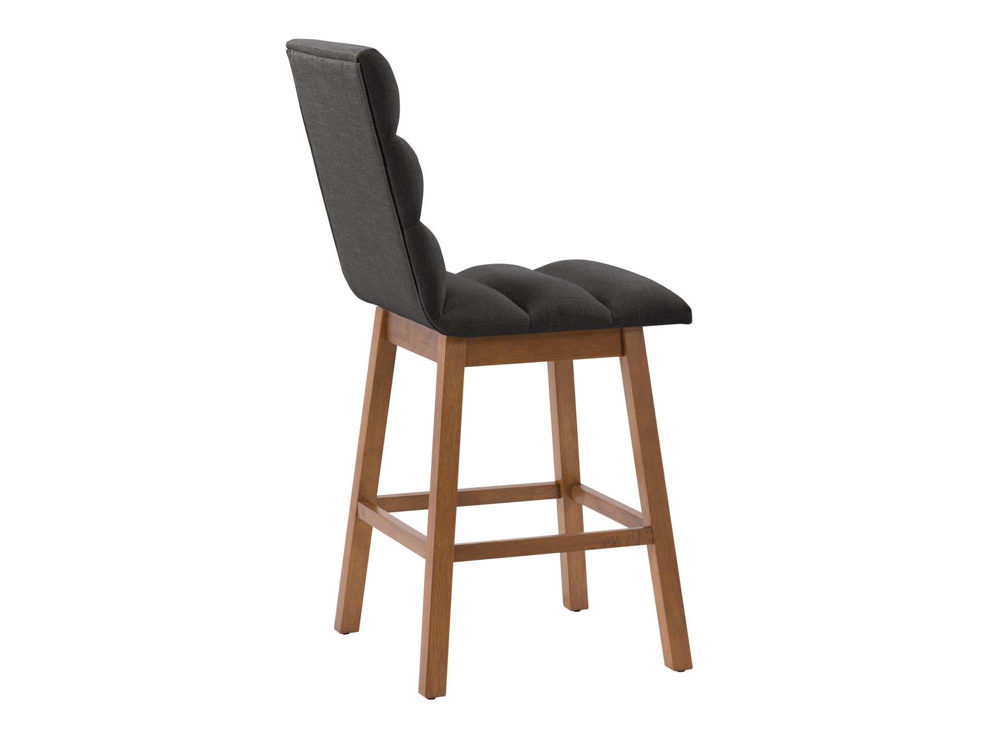 Dark grey channel tufted bar stool with plush fabric, sleek black metal legs, and a modern design.