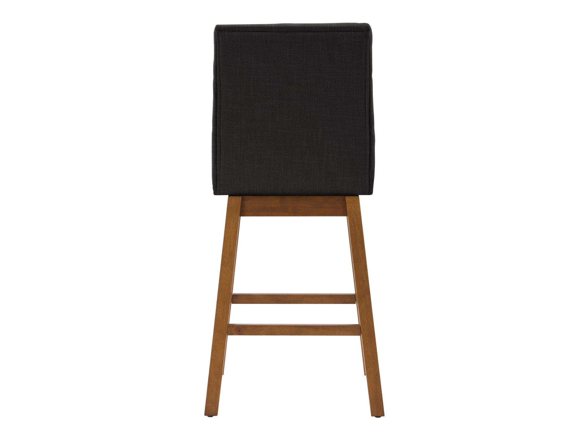 Dark grey channel tufted bar stool with wooden legs and sleek, modern design.