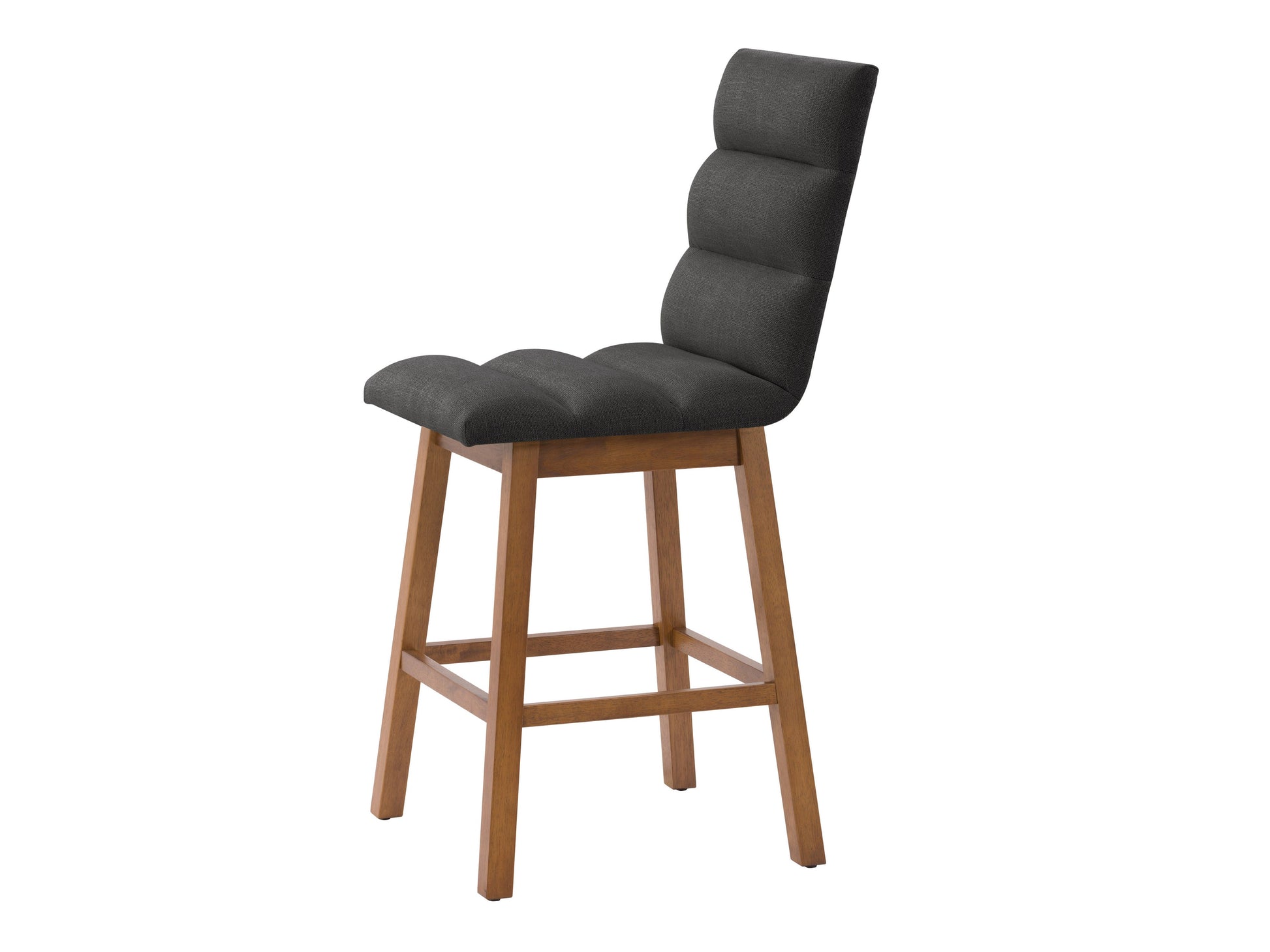 Dark grey channel tufted bar stool with black metal legs, modern design, fabric upholstery, and comfortable seating.