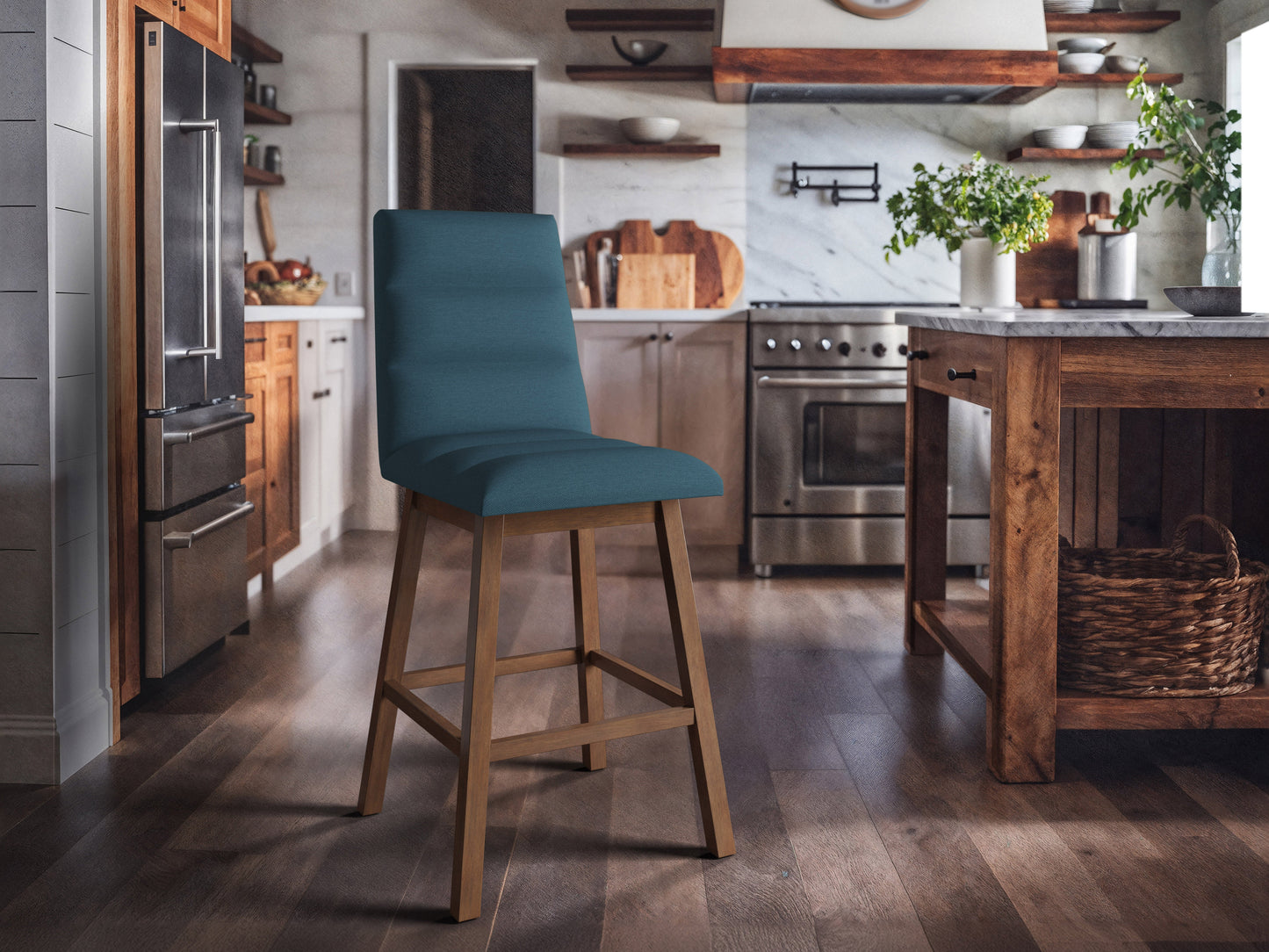 Blue channel tufted bar stool with gold metal legs, velvet upholstery, and modern design.