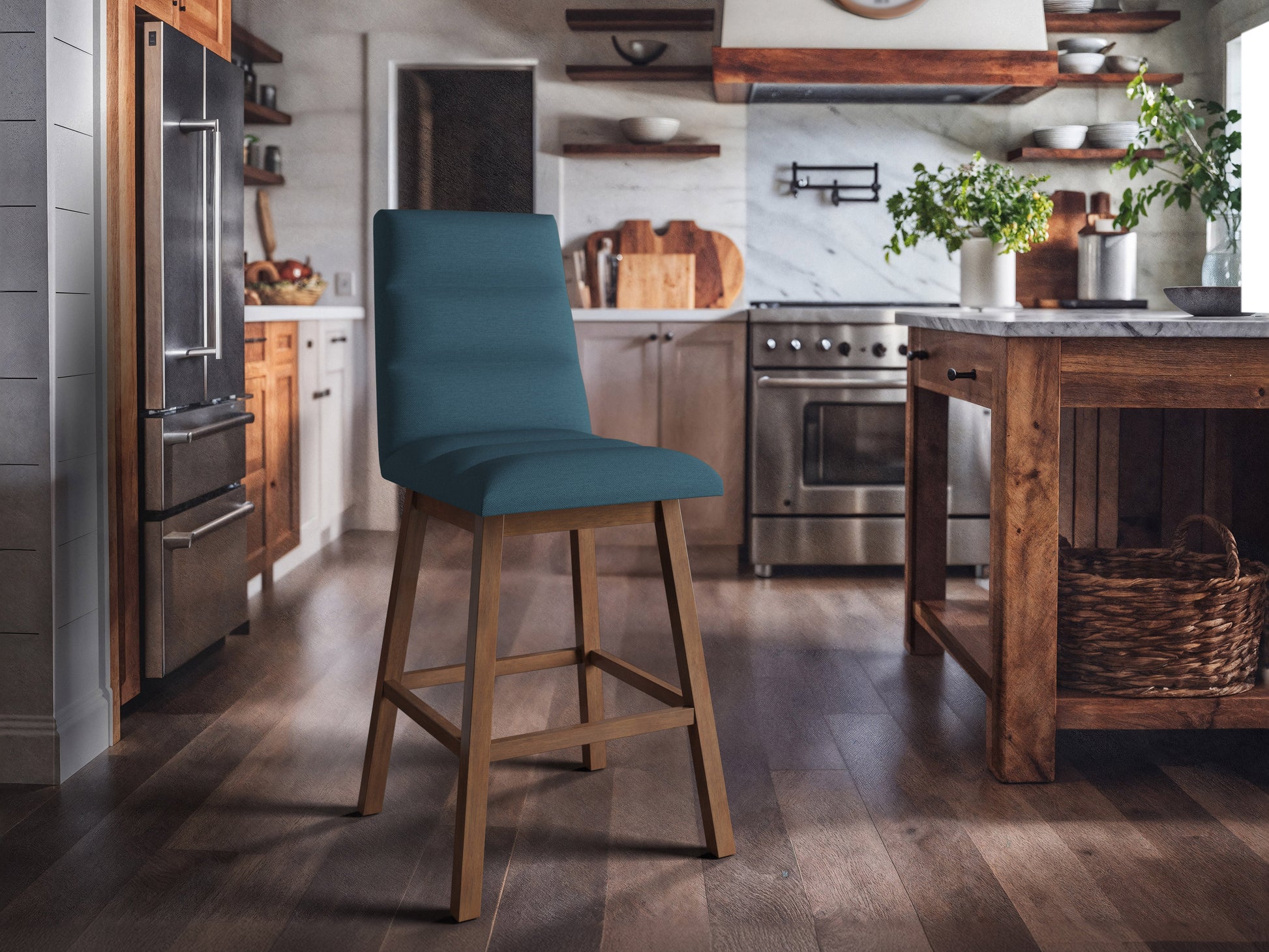 Blue channel tufted bar stool with gold metal legs, velvet upholstery, and modern design.