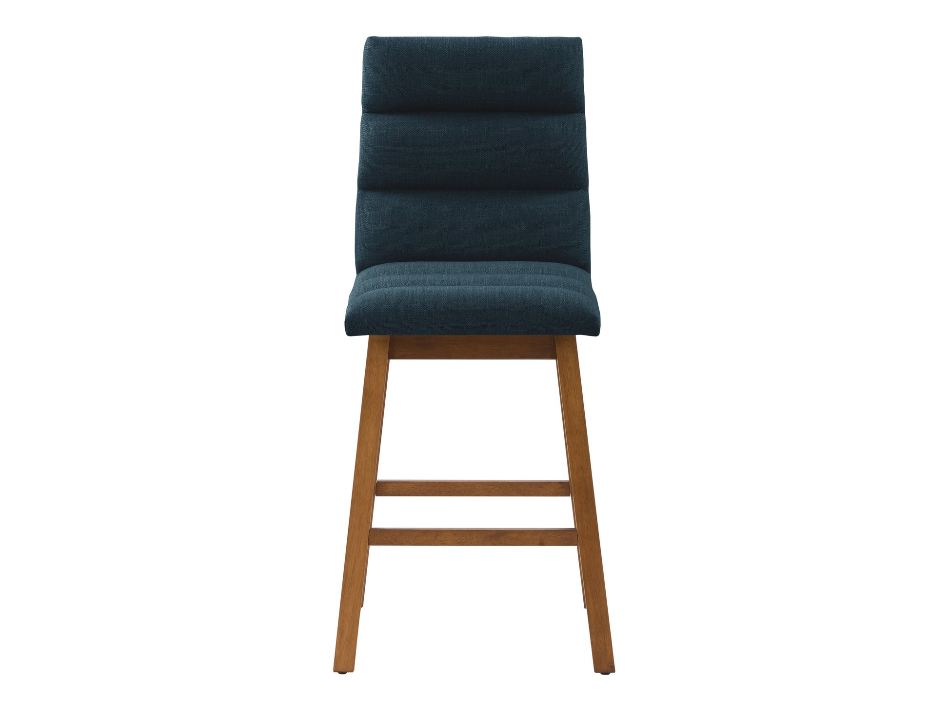 Blue channel tufted bar stool with sleek black legs and a modern design.