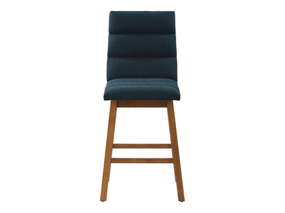 Blue channel tufted bar stool with sleek black legs and a modern design.