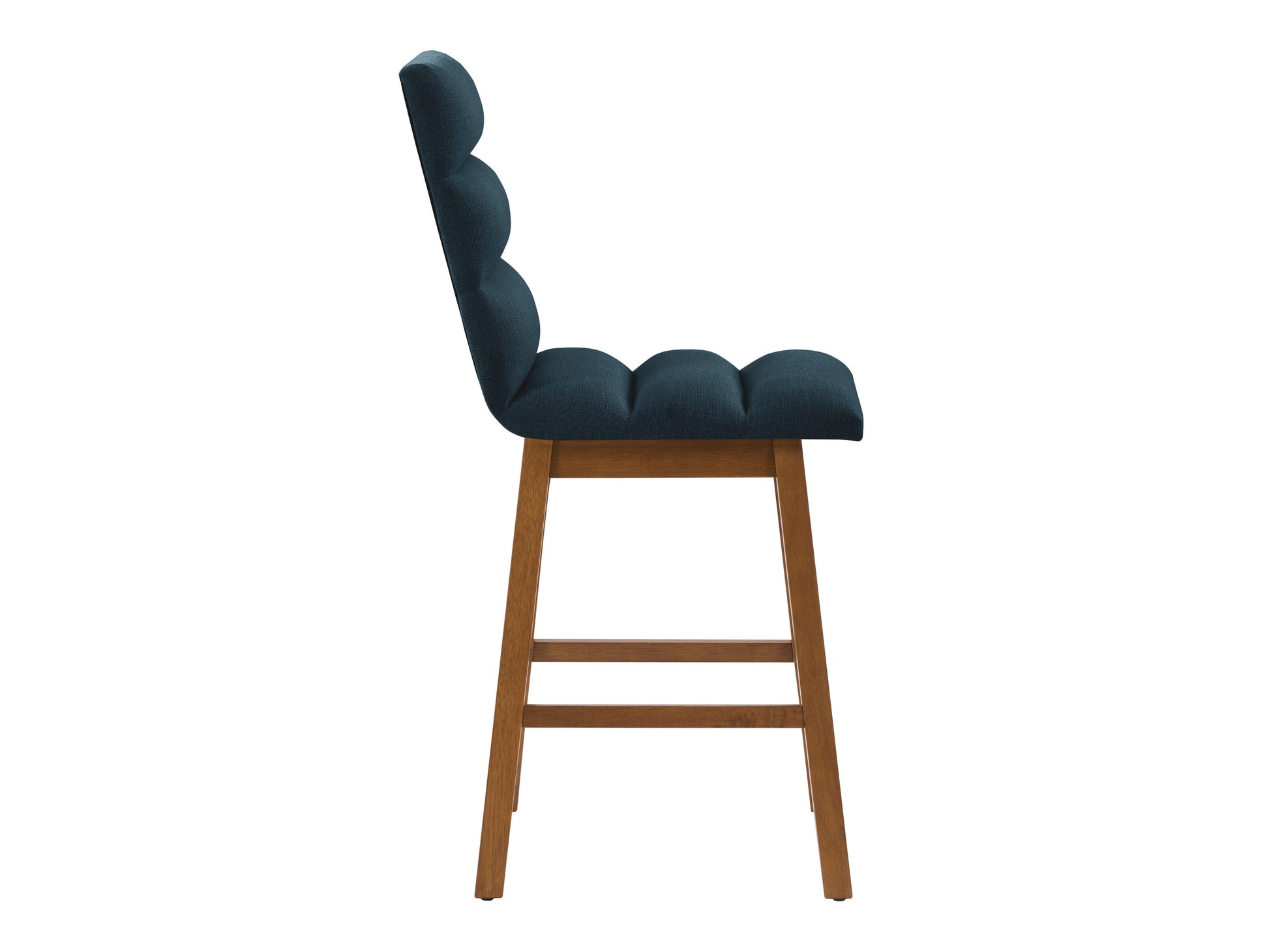 Blue channel tufted bar stool with gold metal legs and velvet upholstery, modern design.