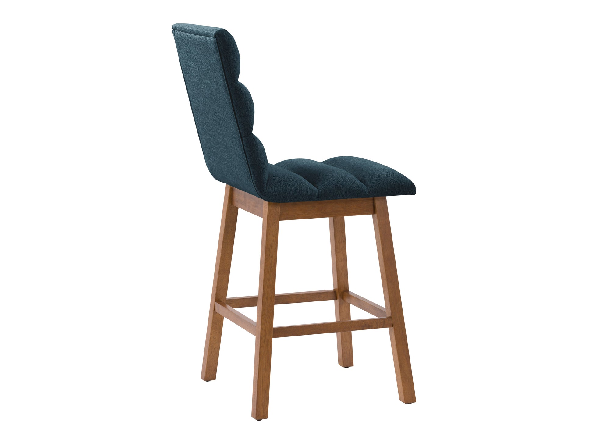 Blue channel tufted bar stool with velvet upholstery and gold metal legs, modern design for kitchen or bar area.