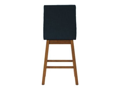 Blue channel tufted bar stool with gold metal legs, velvet upholstery, and a contemporary design.