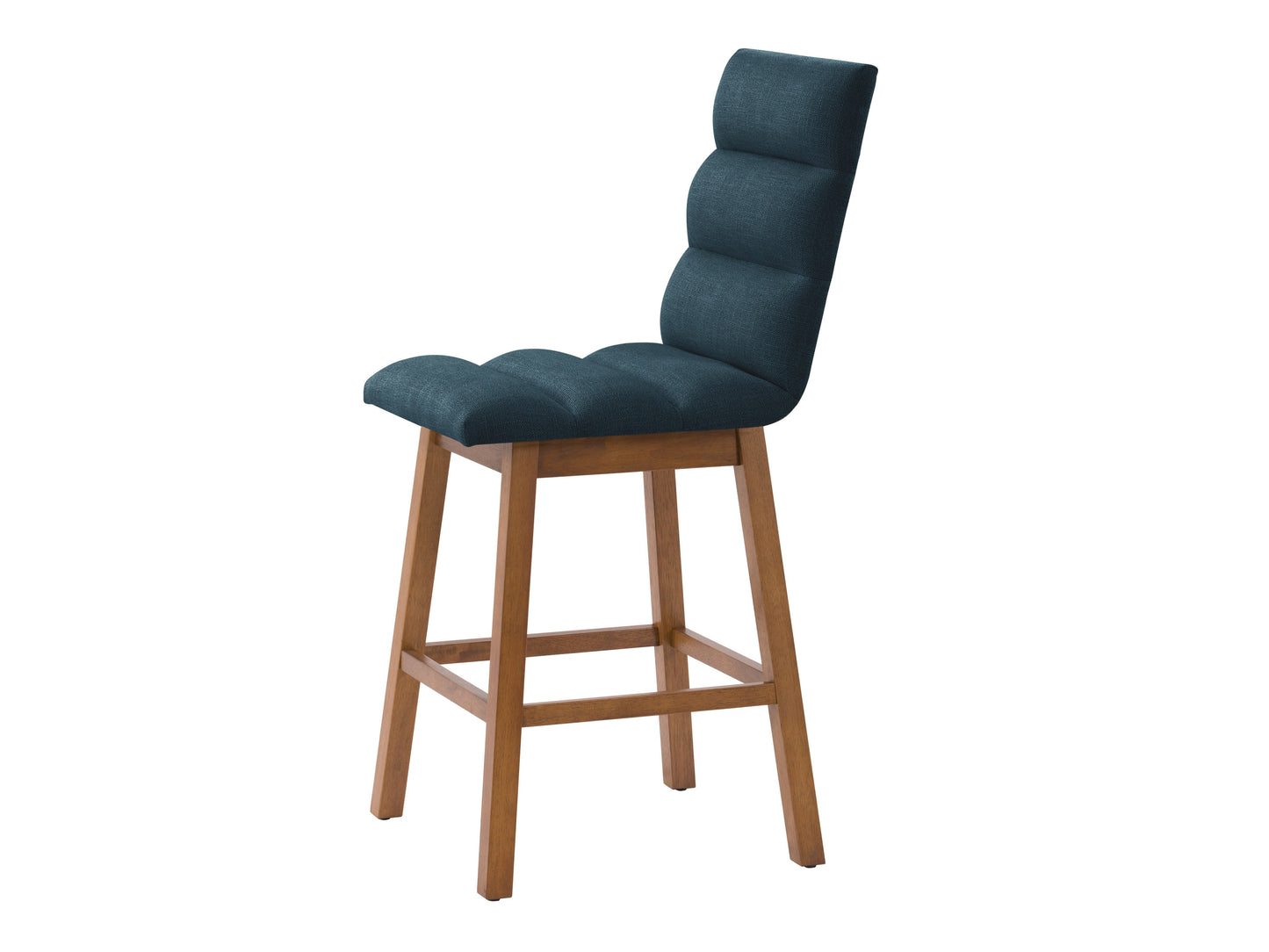 Blue channel tufted bar stool with gold metal legs and plush velvet upholstery.
