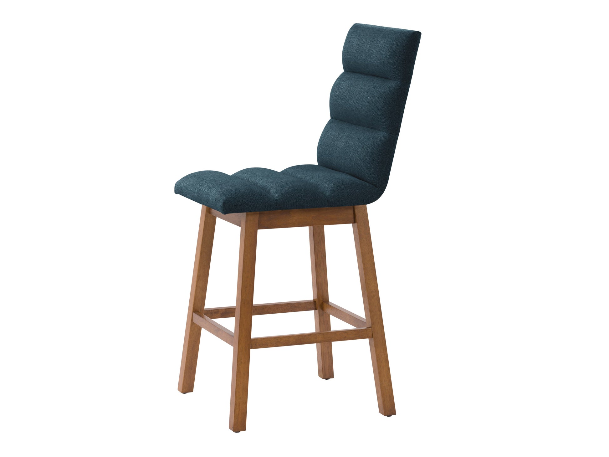 Blue channel tufted bar stool with gold metal legs and plush velvet upholstery.