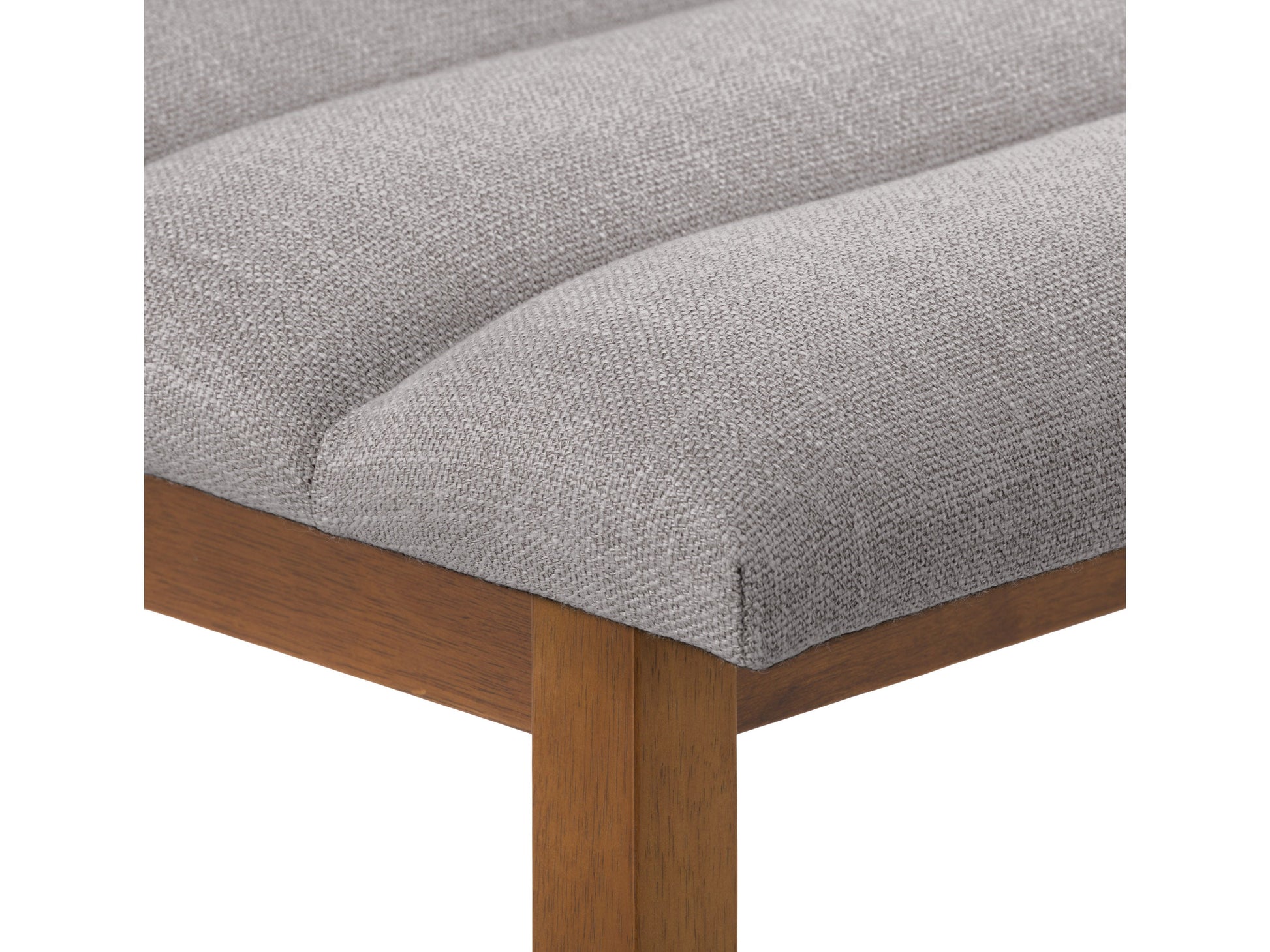 Light grey channel tufted bar stool with wooden legs and padded seat, modern design.