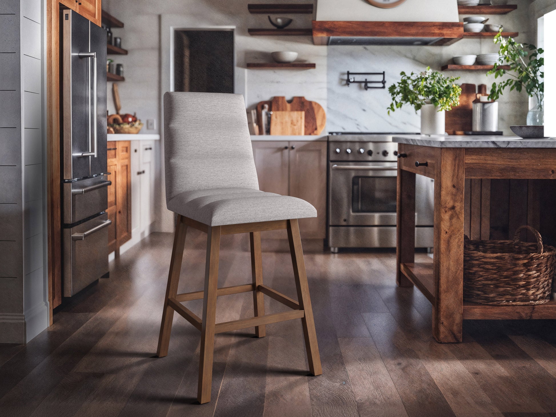 Light grey channel tufted bar stool with wooden legs and a modern design.