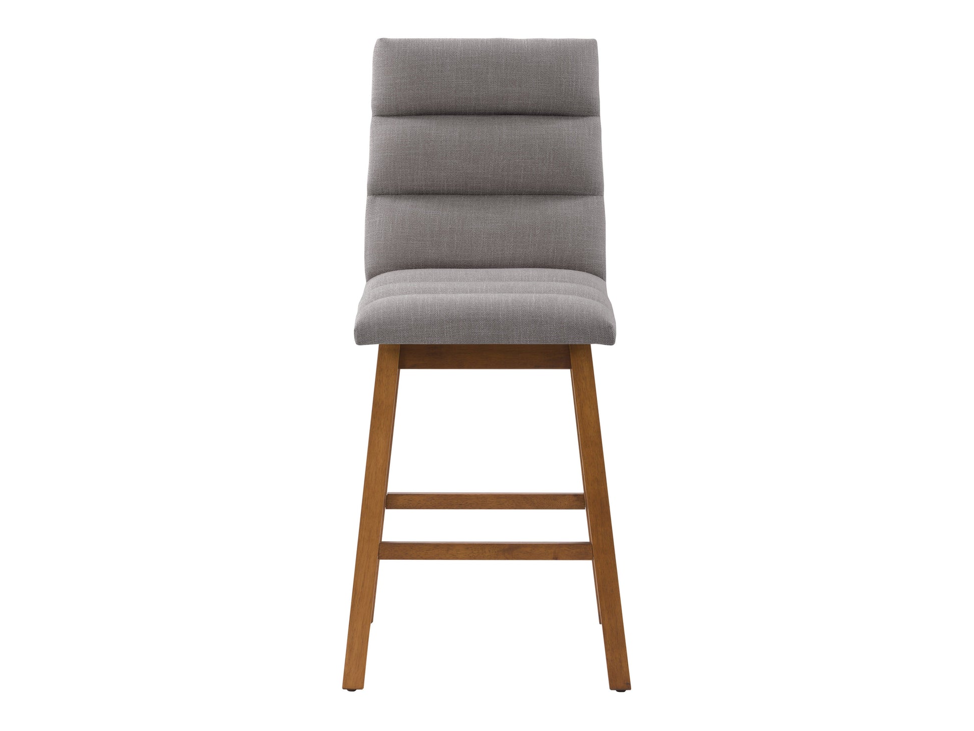 Light grey channel tufted bar stool with wooden legs, upholstered seat, and backrest for modern kitchen or bar.