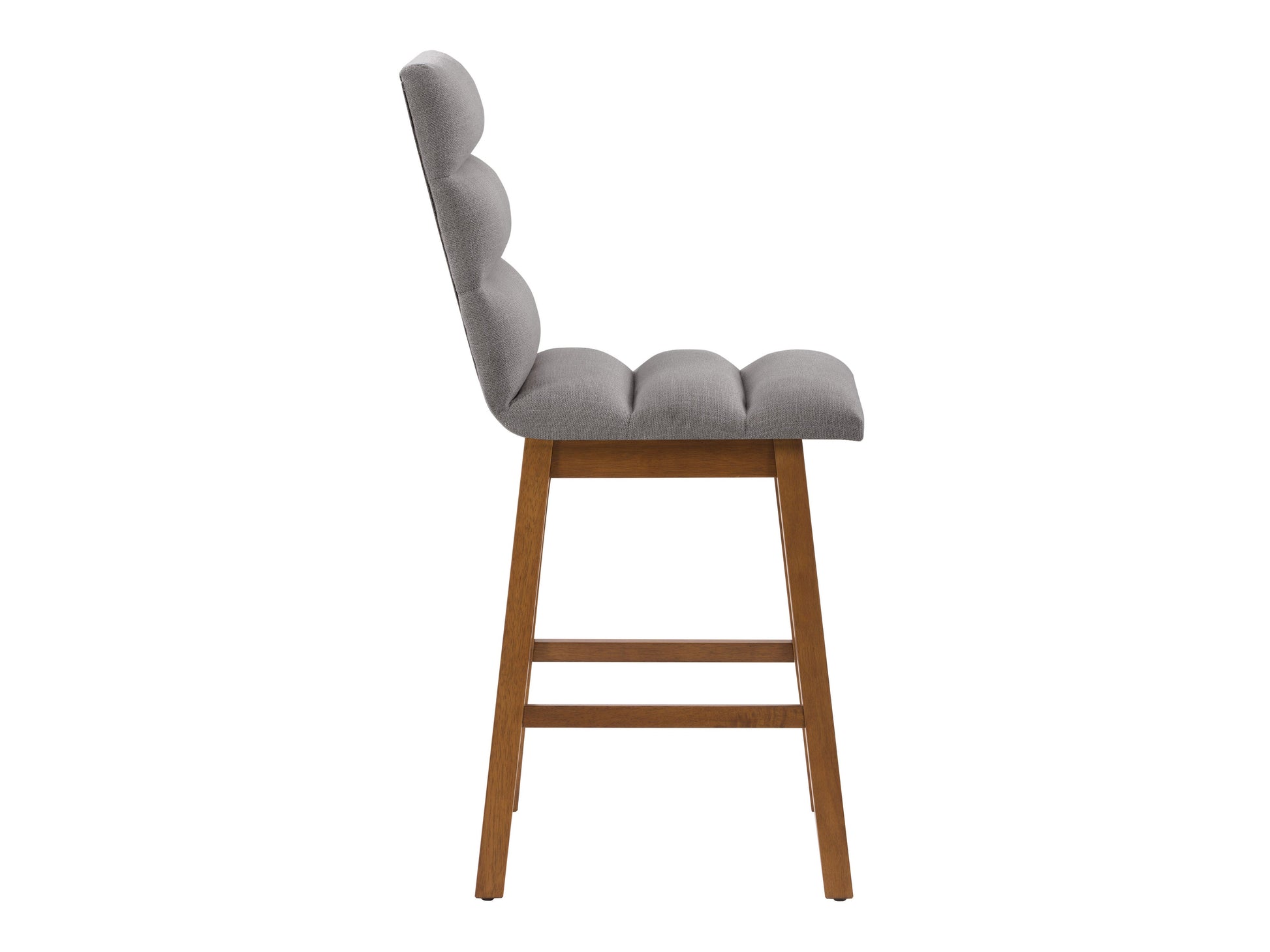 Light grey channel tufted bar stool with wooden legs, modern design, and comfortable seating.