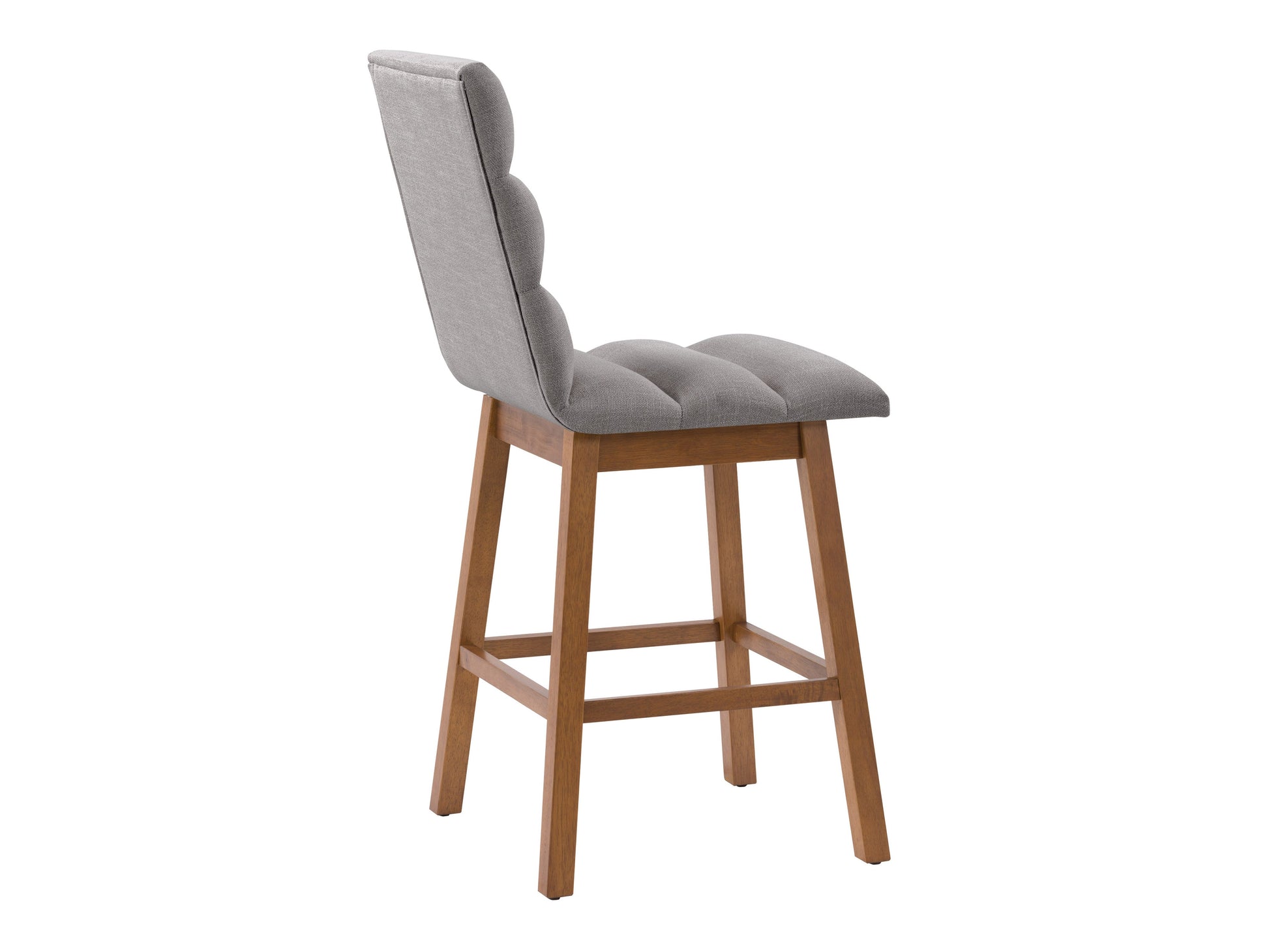 Light grey channel tufted bar stool with backrest, upholstered fabric, and black metal legs.