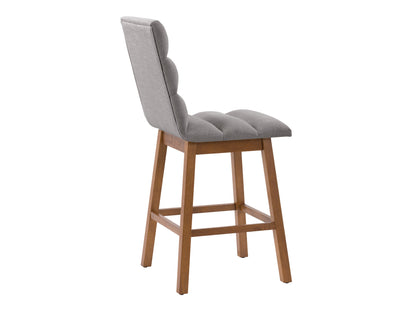 Light grey channel tufted bar stool with backrest, upholstered fabric, and black metal legs.