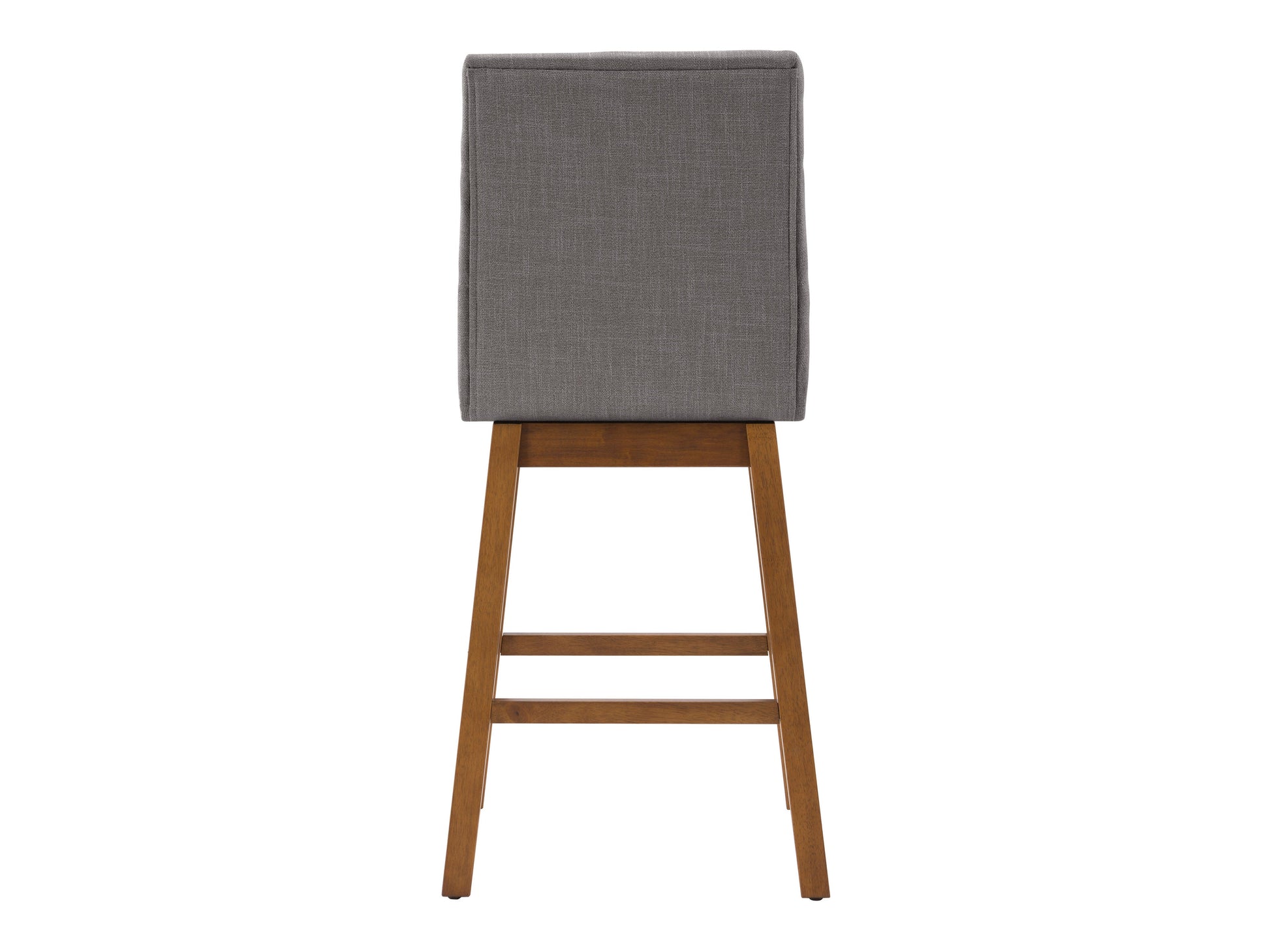 Light grey channel tufted bar stool with wooden legs and cushioned seat, perfect for modern kitchen islands.