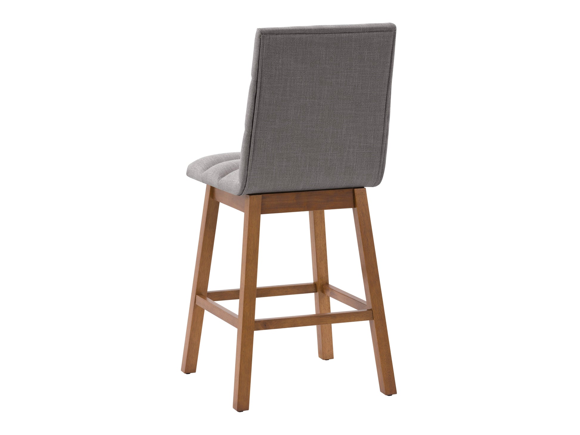 Light grey channel tufted bar stool with wooden legs and cushioned seat.