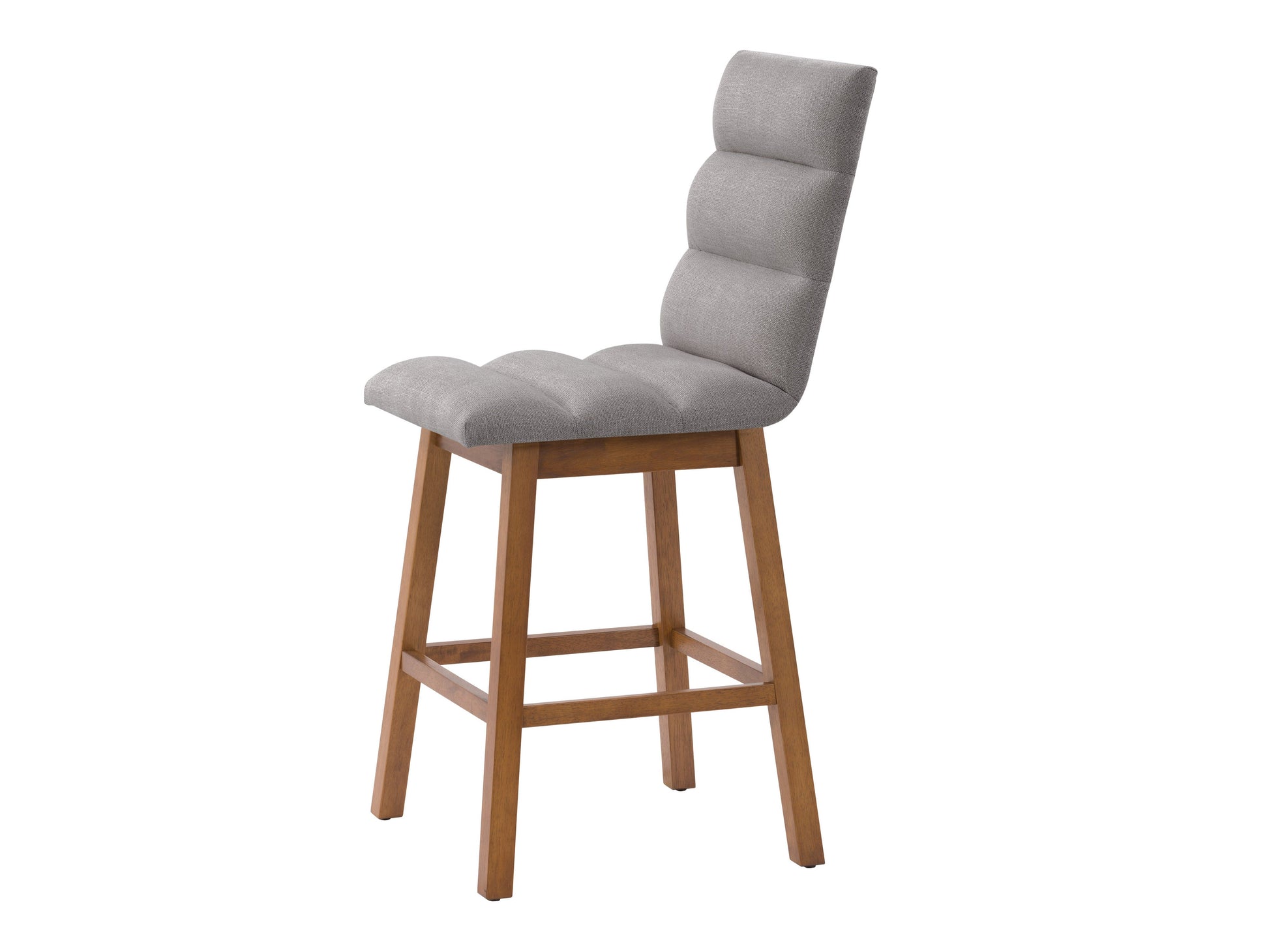 Light grey channel tufted bar stools with chrome legs, modern design, and comfortable padded seats.