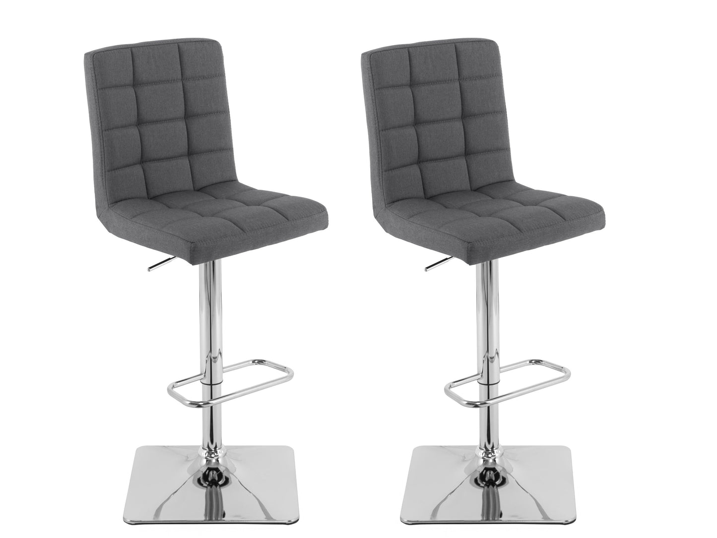 Set of 2 grey high back bar stools with cushioned seats, wooden legs, and a sleek modern design.