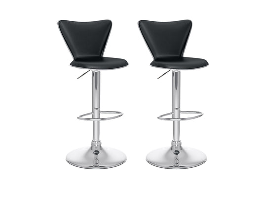 Black swivel bar stools, set of 2, with cushioned seats and chrome footrests, modern design for kitchen or bar.