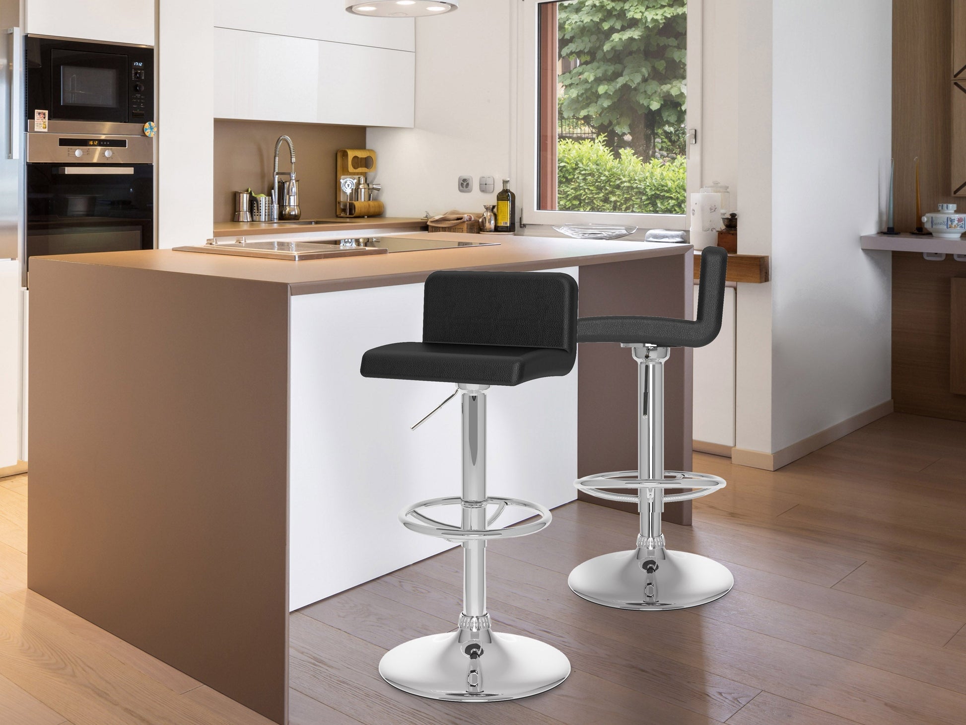 Black low back bar stools, set of 2, with sleek metal legs and cushioned seats, perfect for modern kitchen islands.