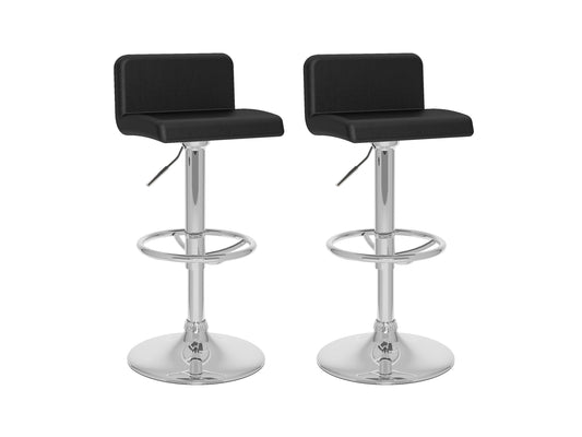 Black low back bar stools, set of 2, with sleek metal legs and cushioned seats, modern minimalist design.