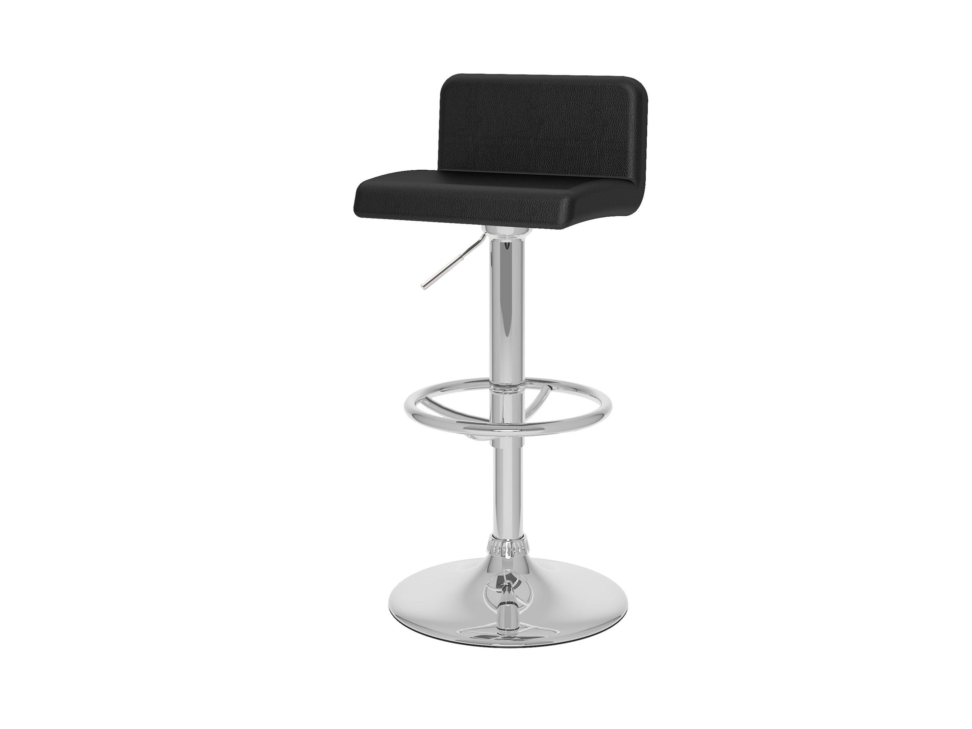 Set of 2 black low back bar stools with cushioned seats, sleek metal legs, and modern design.