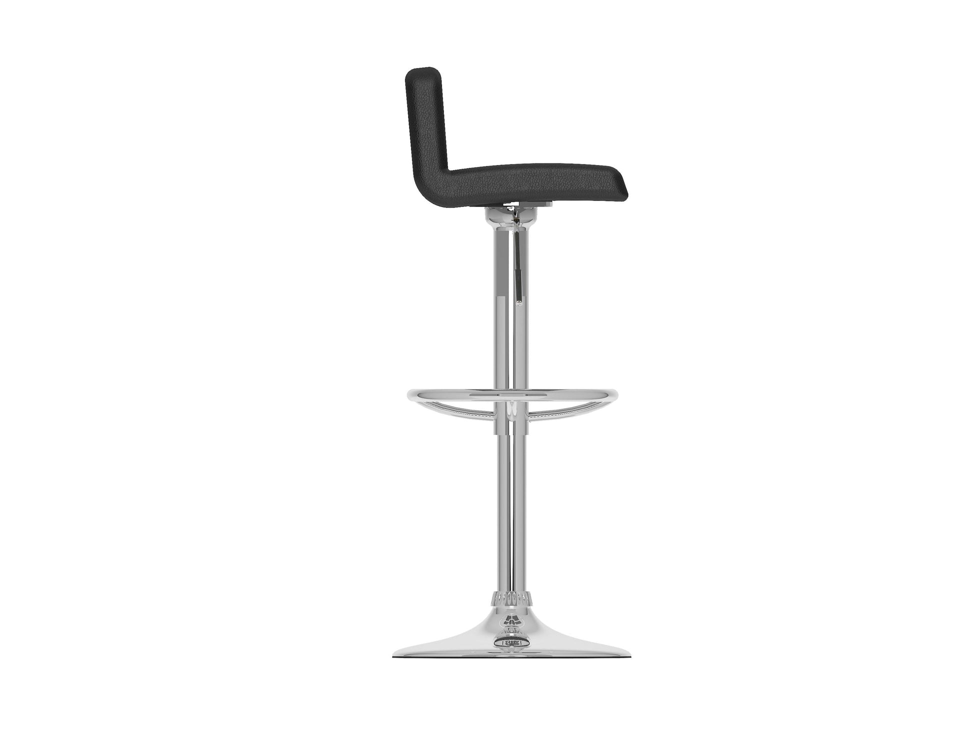 Black low back bar stools set, sleek design with cushioned seats, metal legs, and footrests for modern kitchen or bar.