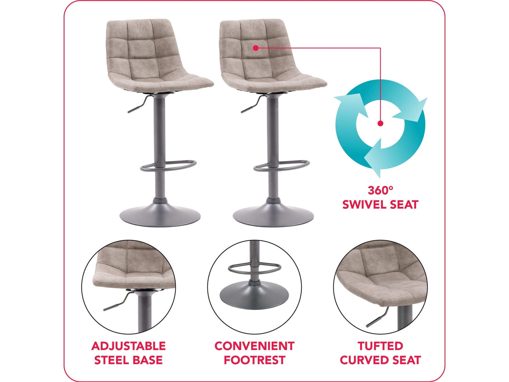 Light grey swivel bar stools, set of 2, with padded seats, wooden legs, and sleek modern design.