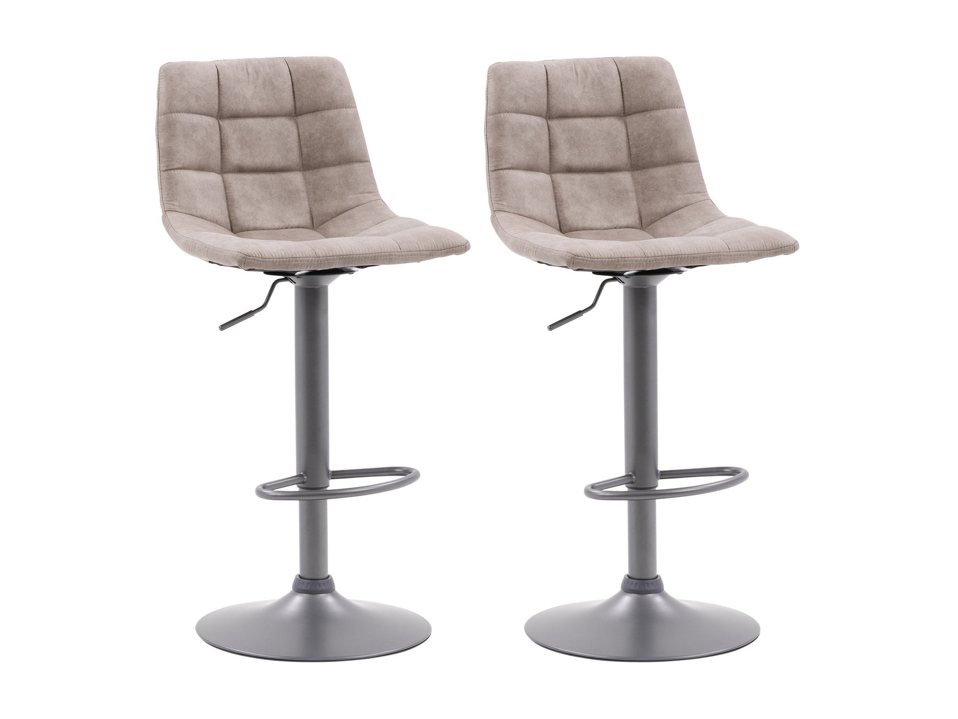 Light grey swivel bar stools, set of 2, with padded seats, wooden legs, and footrests for kitchen or bar areas.