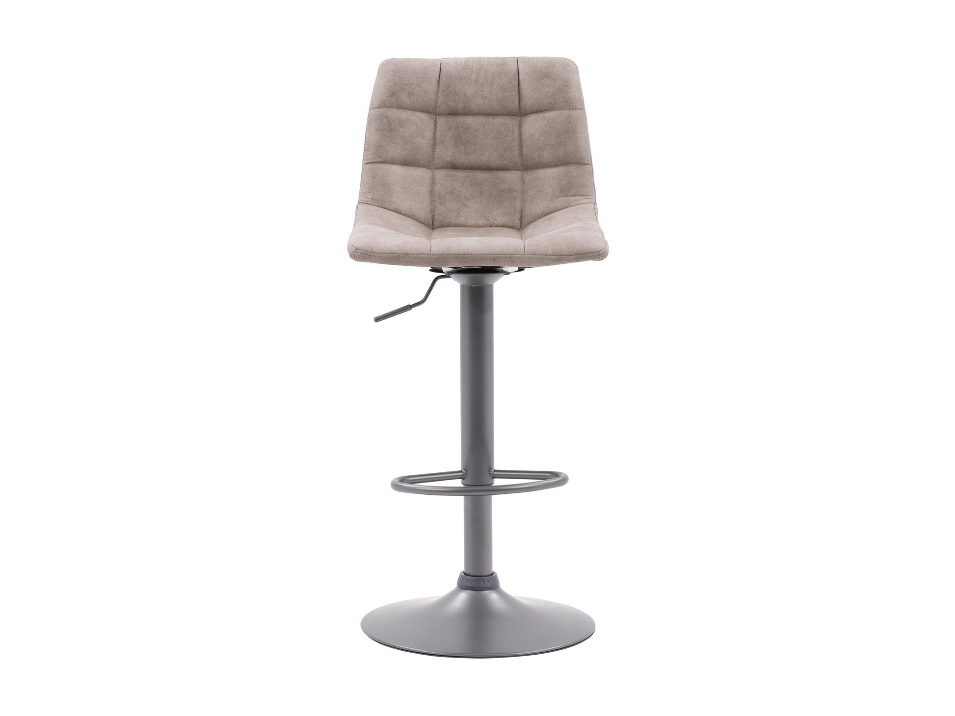 Light grey swivel bar stools set with cushioned seats and metal legs, modern design for kitchen or bar areas.