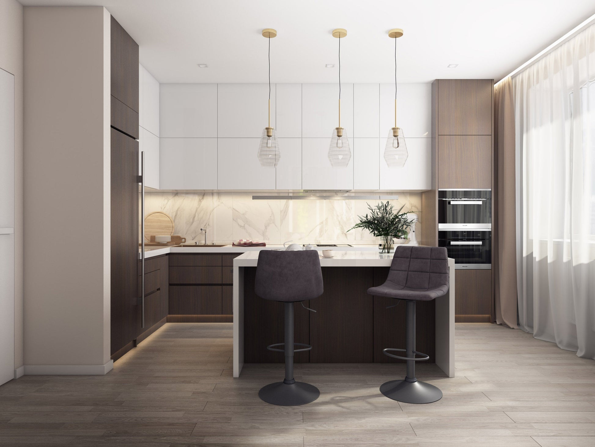 Dark grey swivel bar stools set of 2 with cushioned seats, sleek metal legs, and modern design for kitchen or bar area.