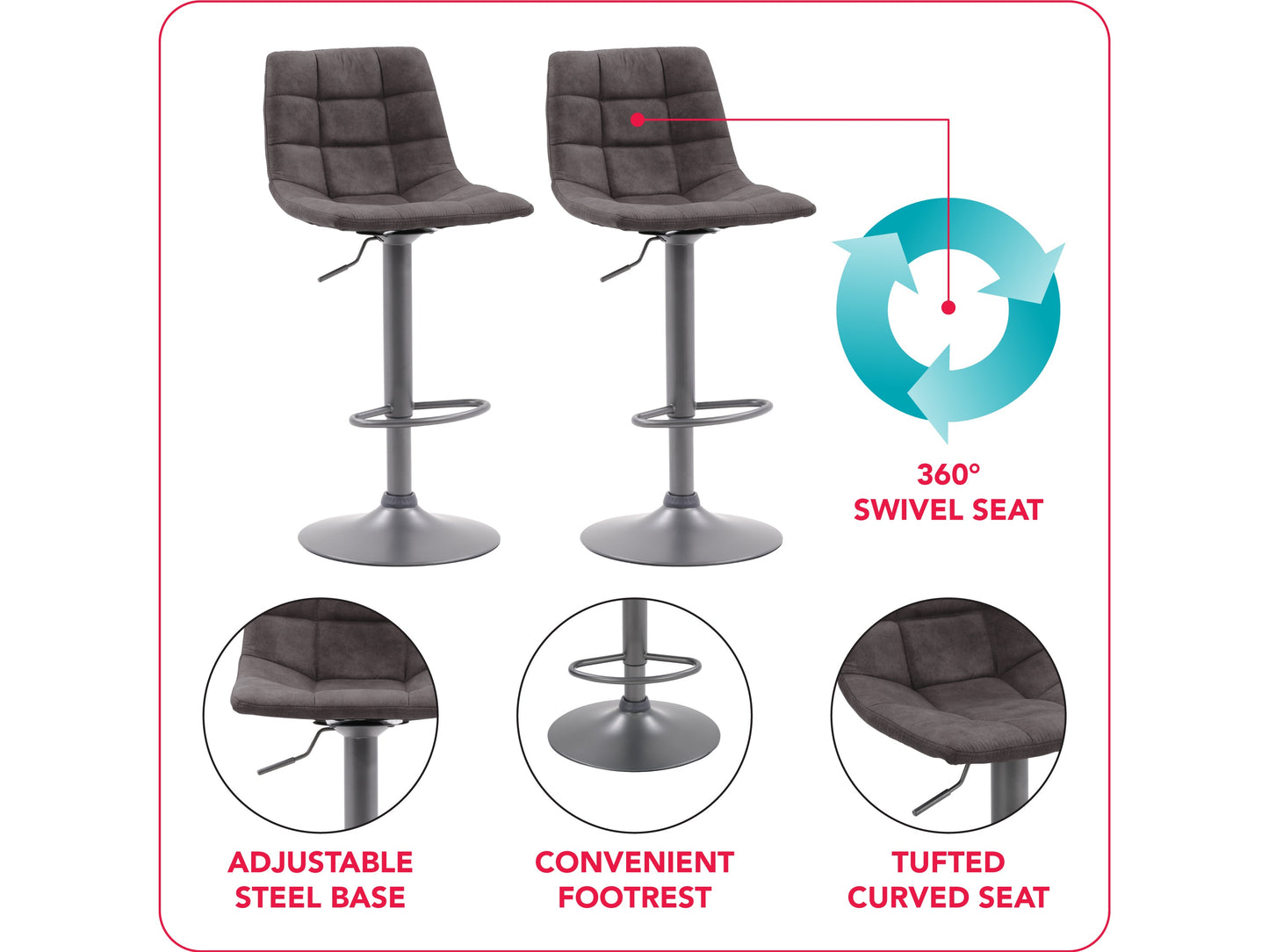 Dark grey swivel bar stools set of 2 with cushioned seats, wooden legs, and contemporary design.