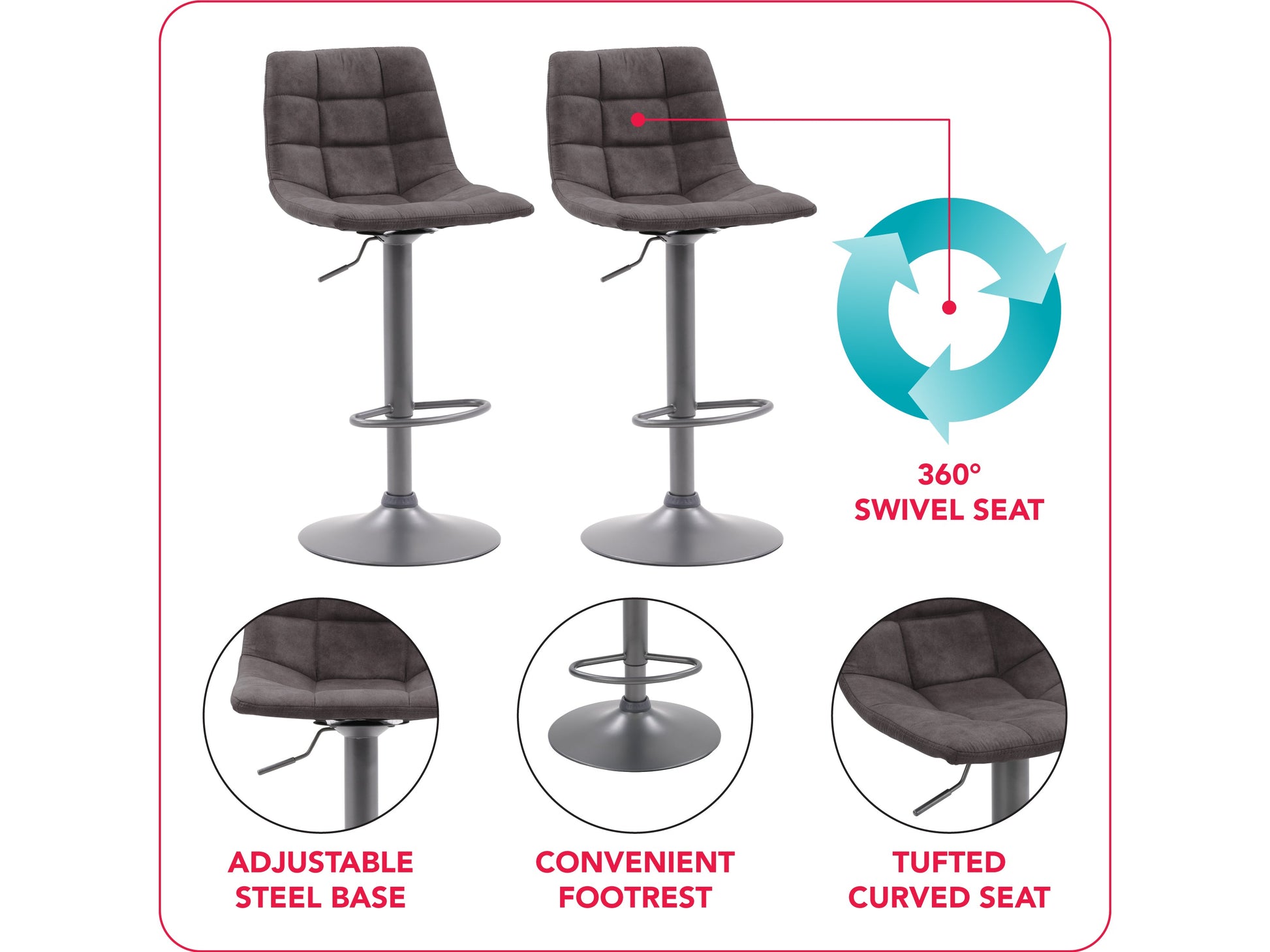 Dark grey swivel bar stools set of 2 with cushioned seats, wooden legs, and contemporary design.