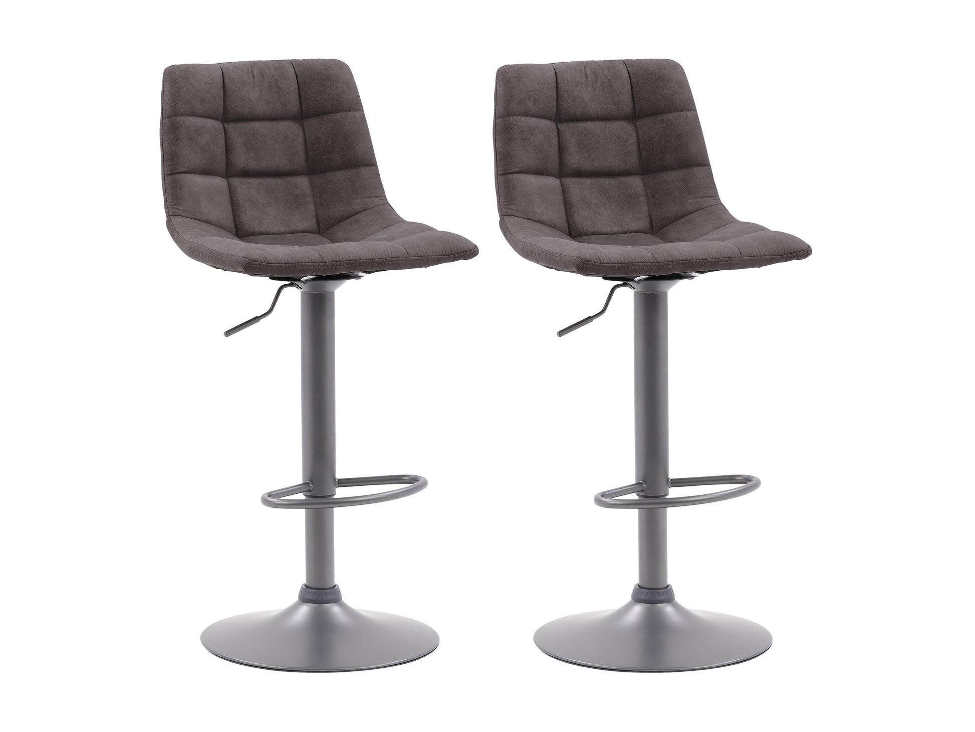 Dark grey swivel bar stools, set of 2, with cushioned seats and metal legs, perfect for modern kitchens or home bars.