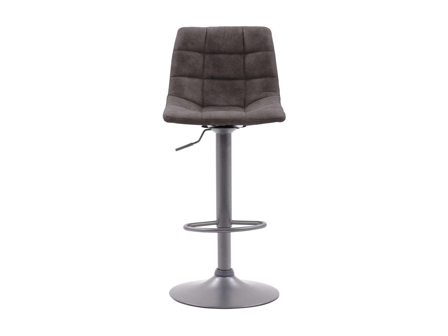 Dark grey swivel bar stools set of 2 with padded seats, black metal legs, and footrests for modern kitchen or bar.