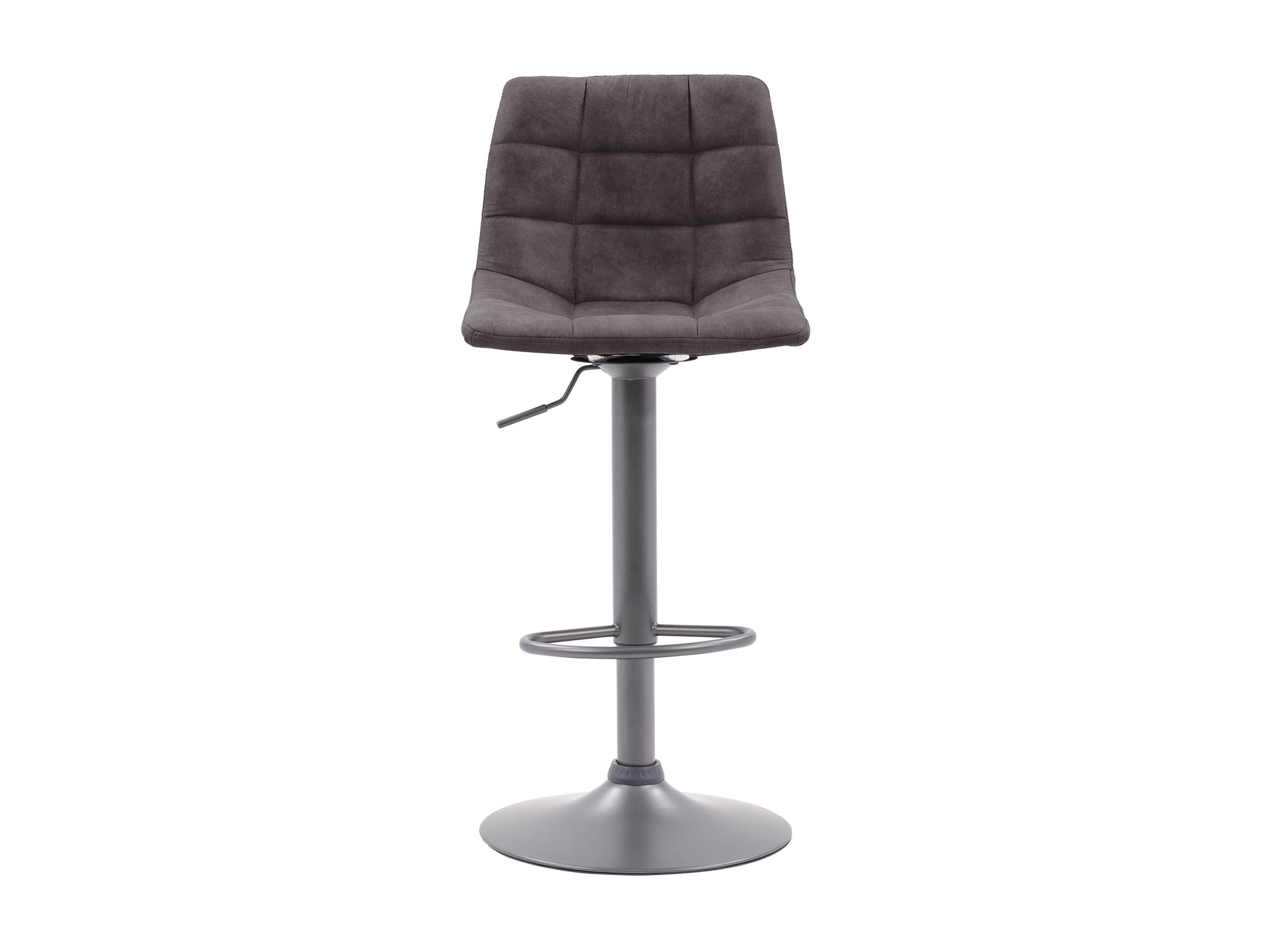 Dark grey swivel bar stools set of 2 with padded seats, black metal legs, and footrests for modern kitchen or bar.