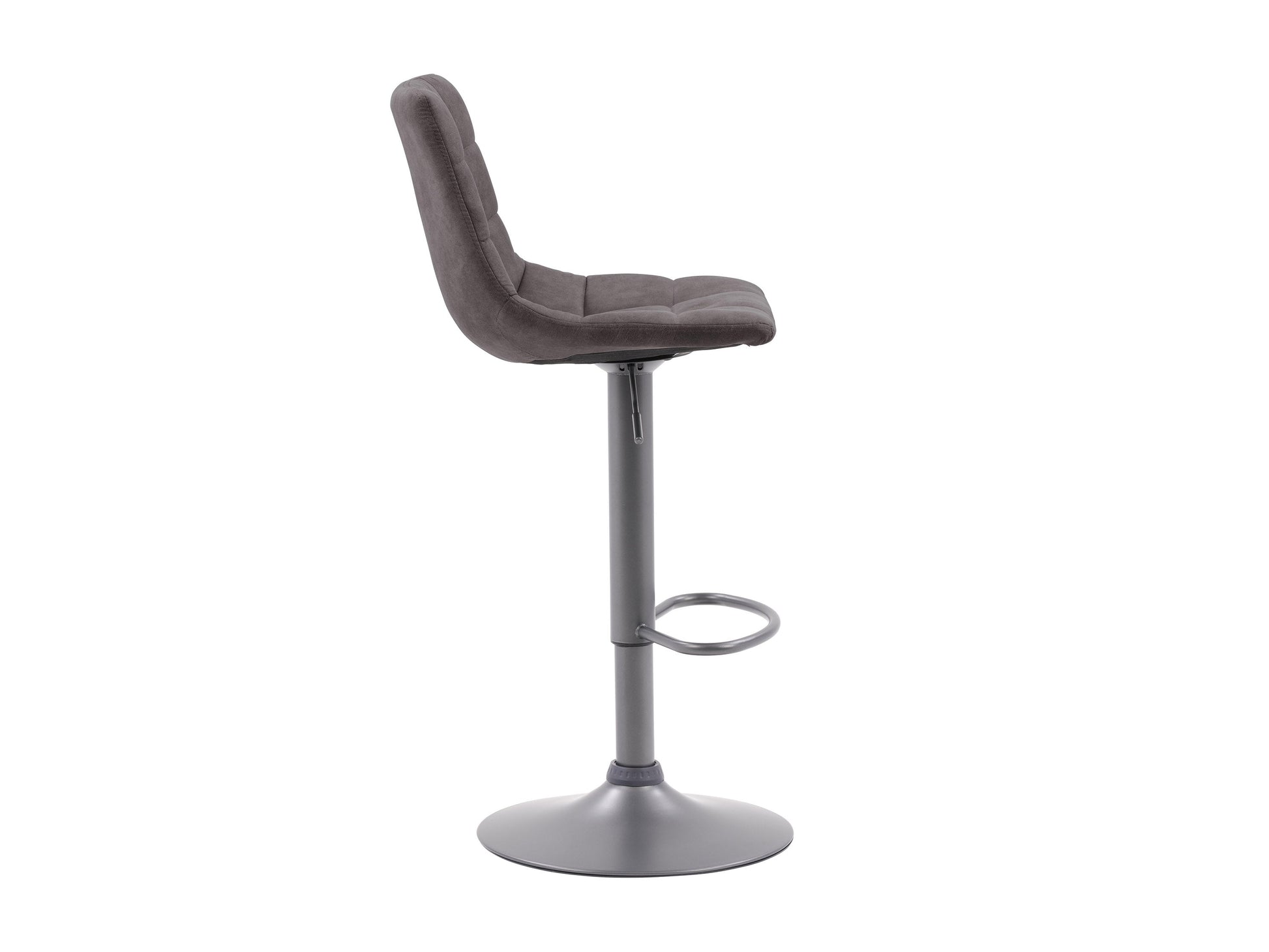 Dark grey swivel bar stools, set of 2, with cushioned seats, metal footrest, and sleek modern design.