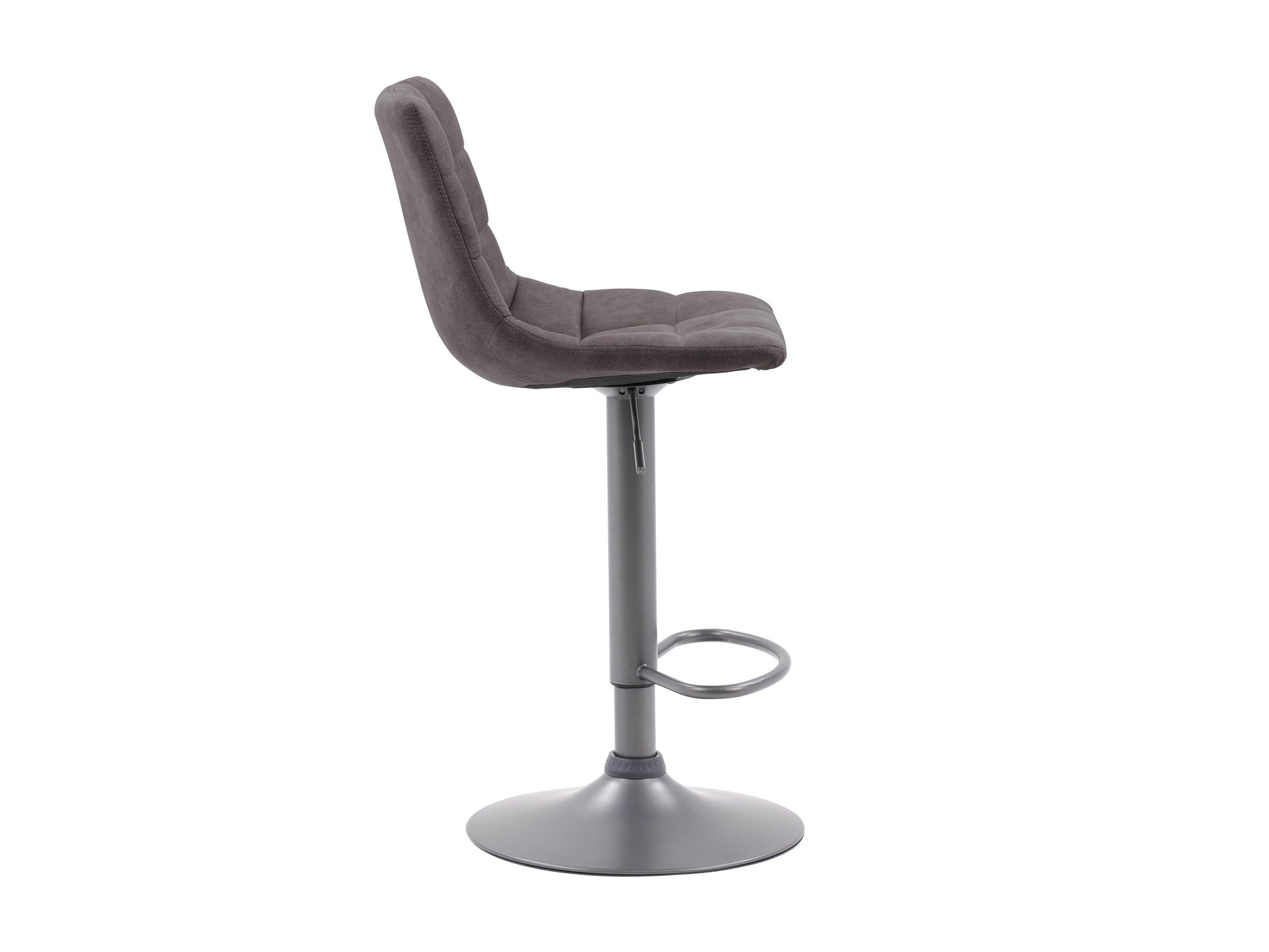 Dark grey swivel bar stools, set of 2, with padded seats, metal legs, and modern design.