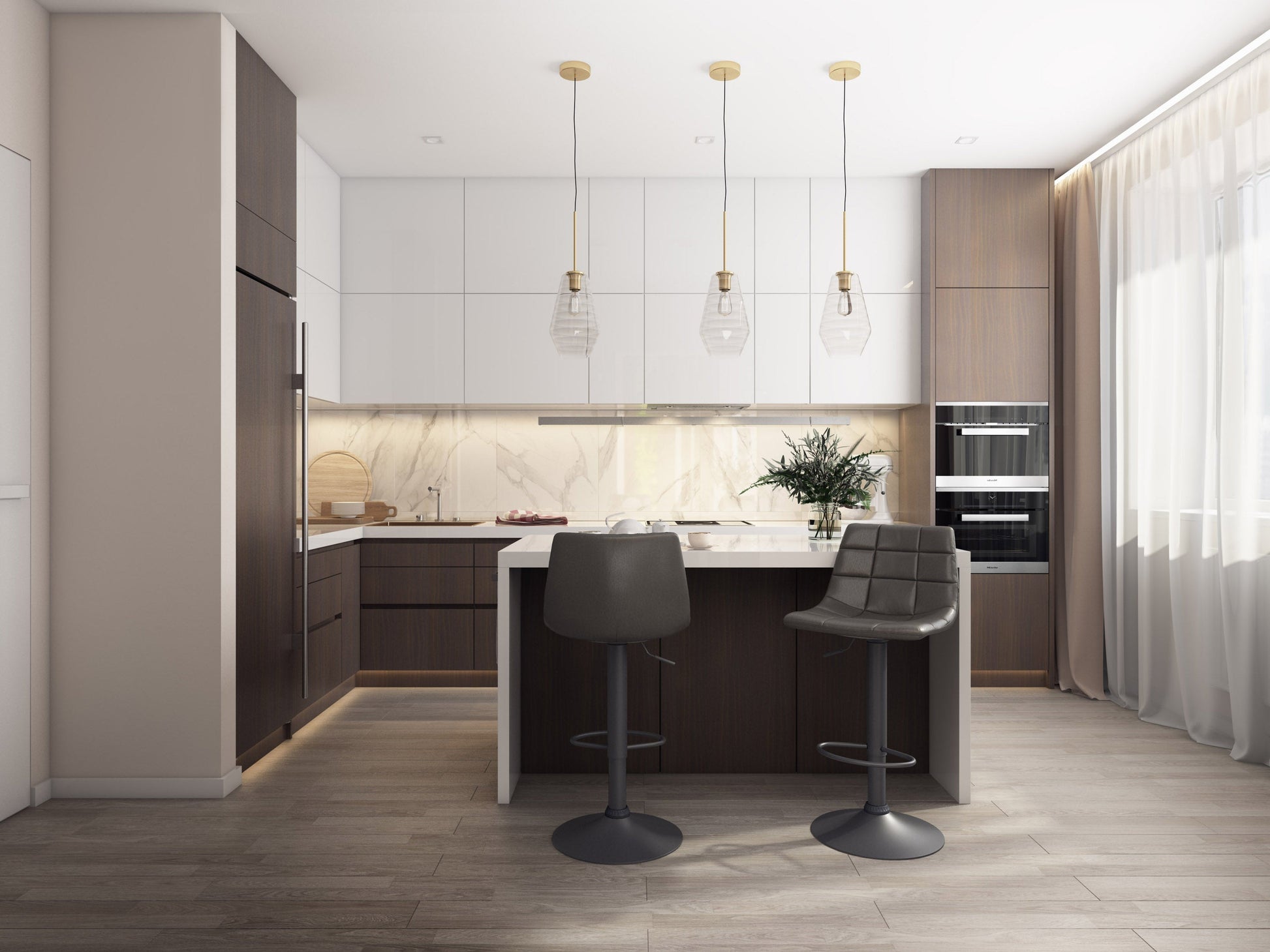 Grey swivel bar stools set of 2 with padded seats, black metal legs, and footrests ideal for modern kitchens and bars.