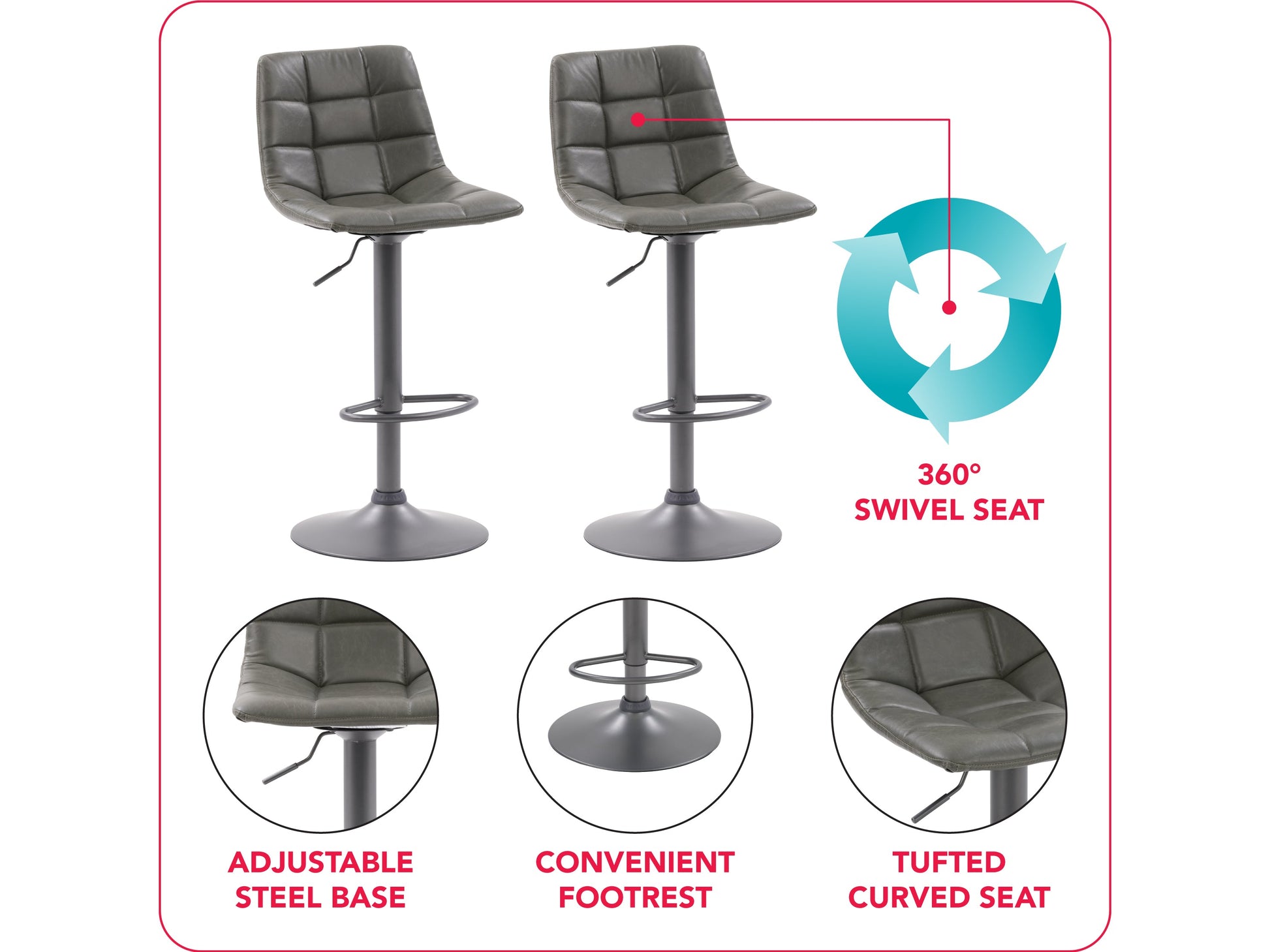 Grey swivel bar stools set with cushioned seats, wooden legs, and a modern design.