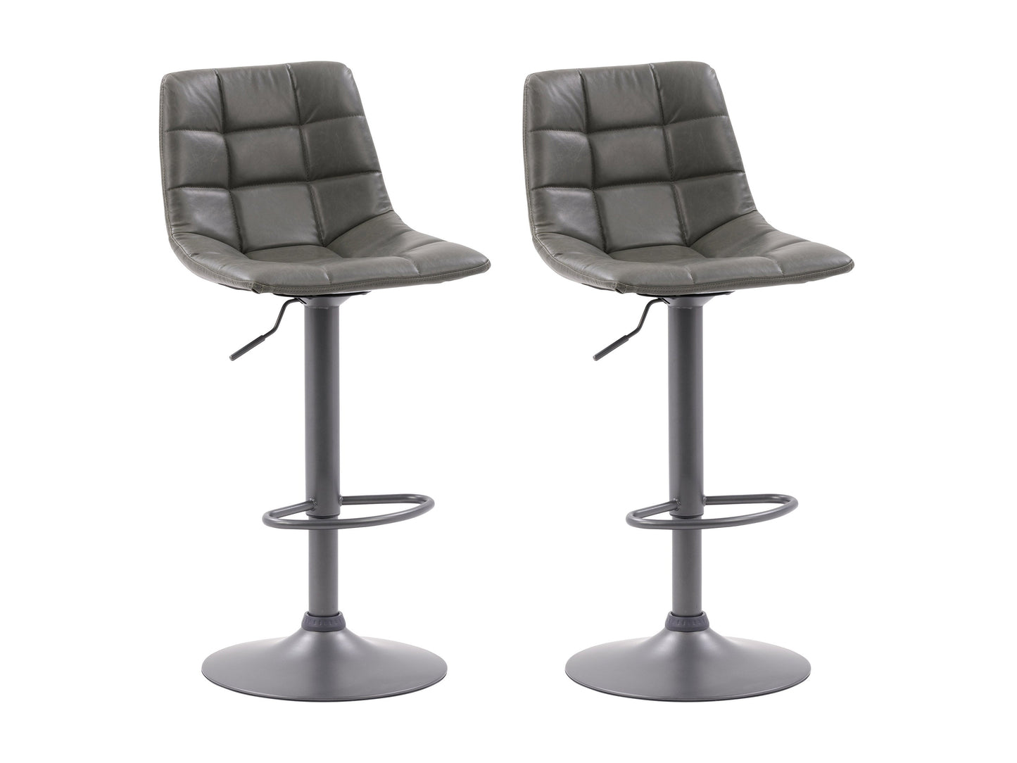 Grey swivel bar stools set of 2 with padded seats, metal footrests, and adjustable height.
