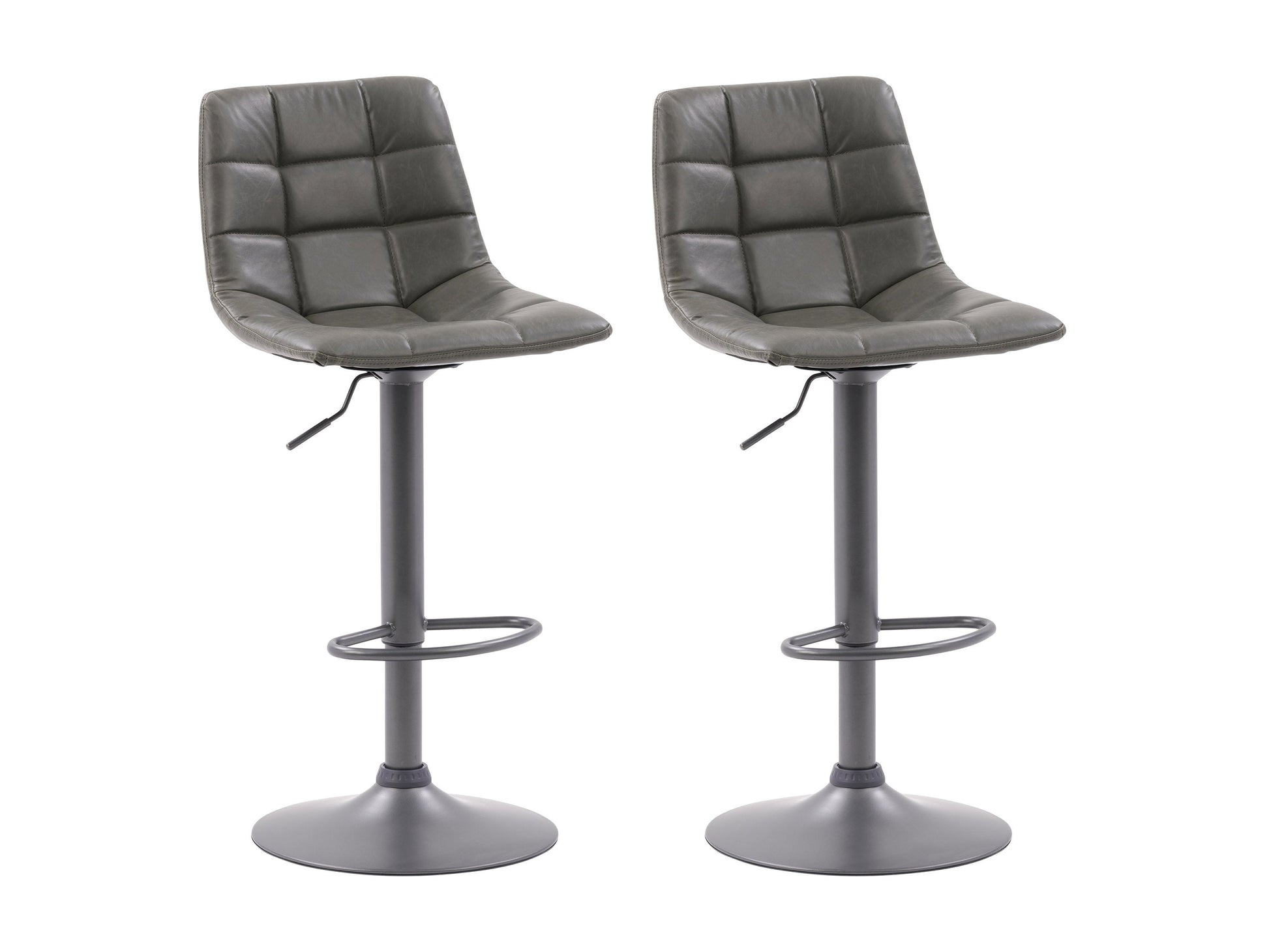 Grey swivel bar stools set of 2 with padded seats, metal footrests, and adjustable height.