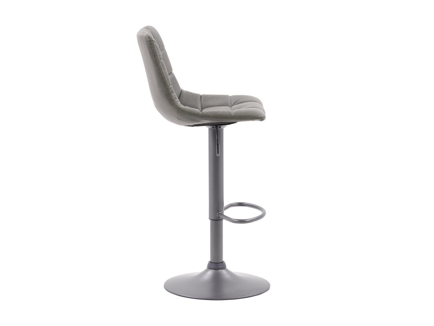 Set of 2 grey swivel bar stools with cushioned seats and sleek chrome bases.