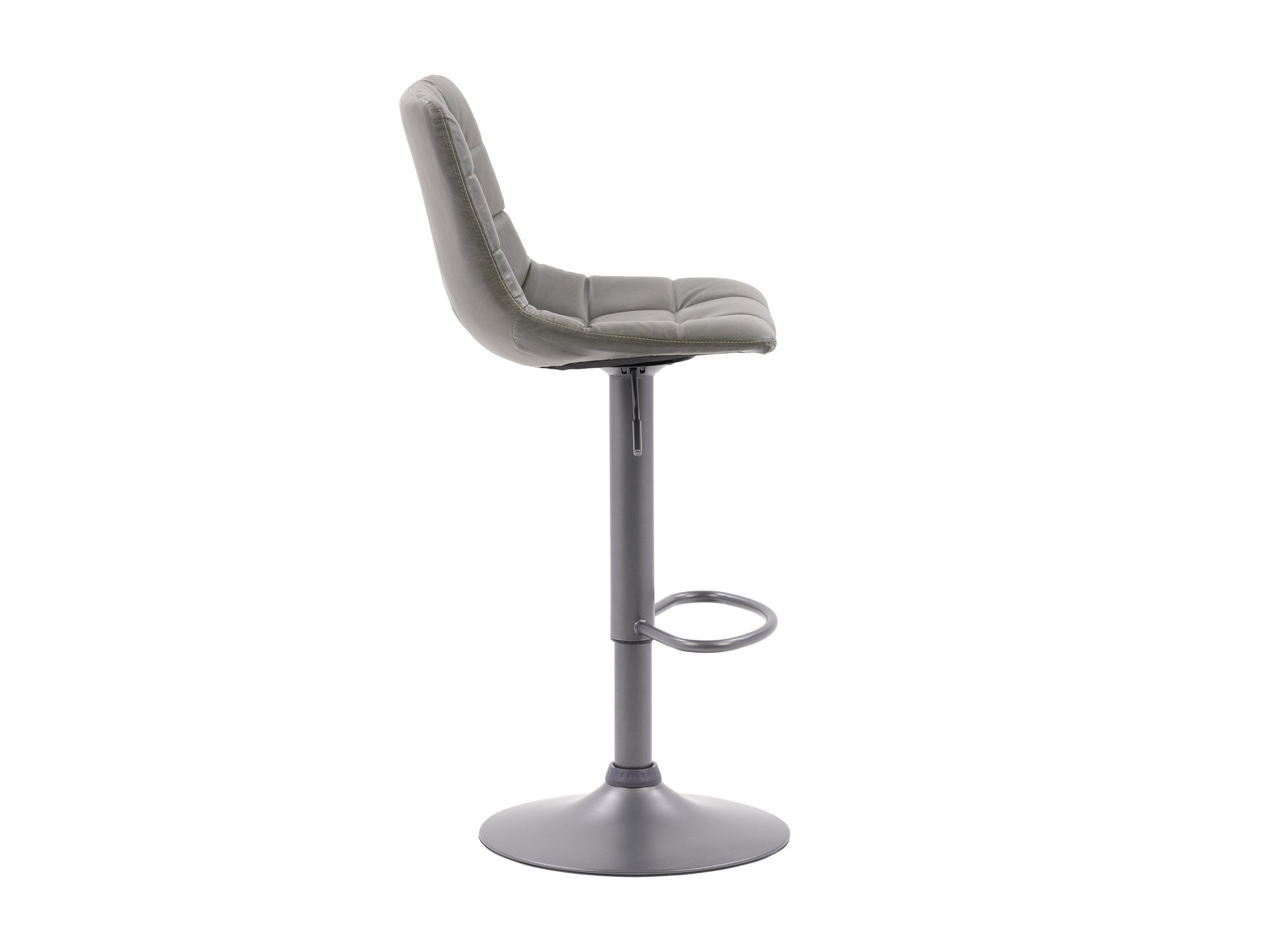 Set of 2 grey swivel bar stools with cushioned seats and sleek chrome bases.